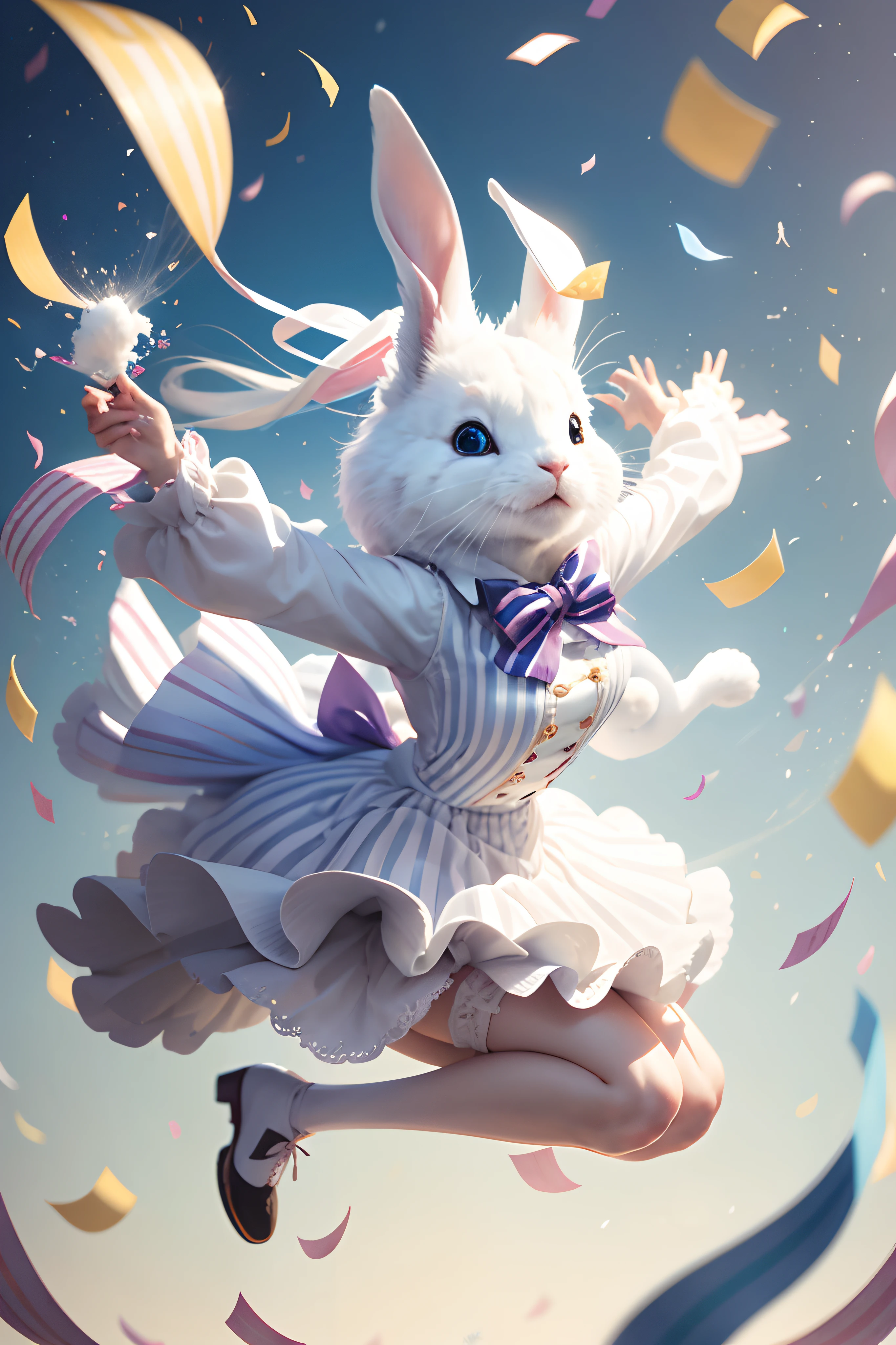 White rabbit is happy jumping up with confetti spreading with a striped bow at the ears. --auto