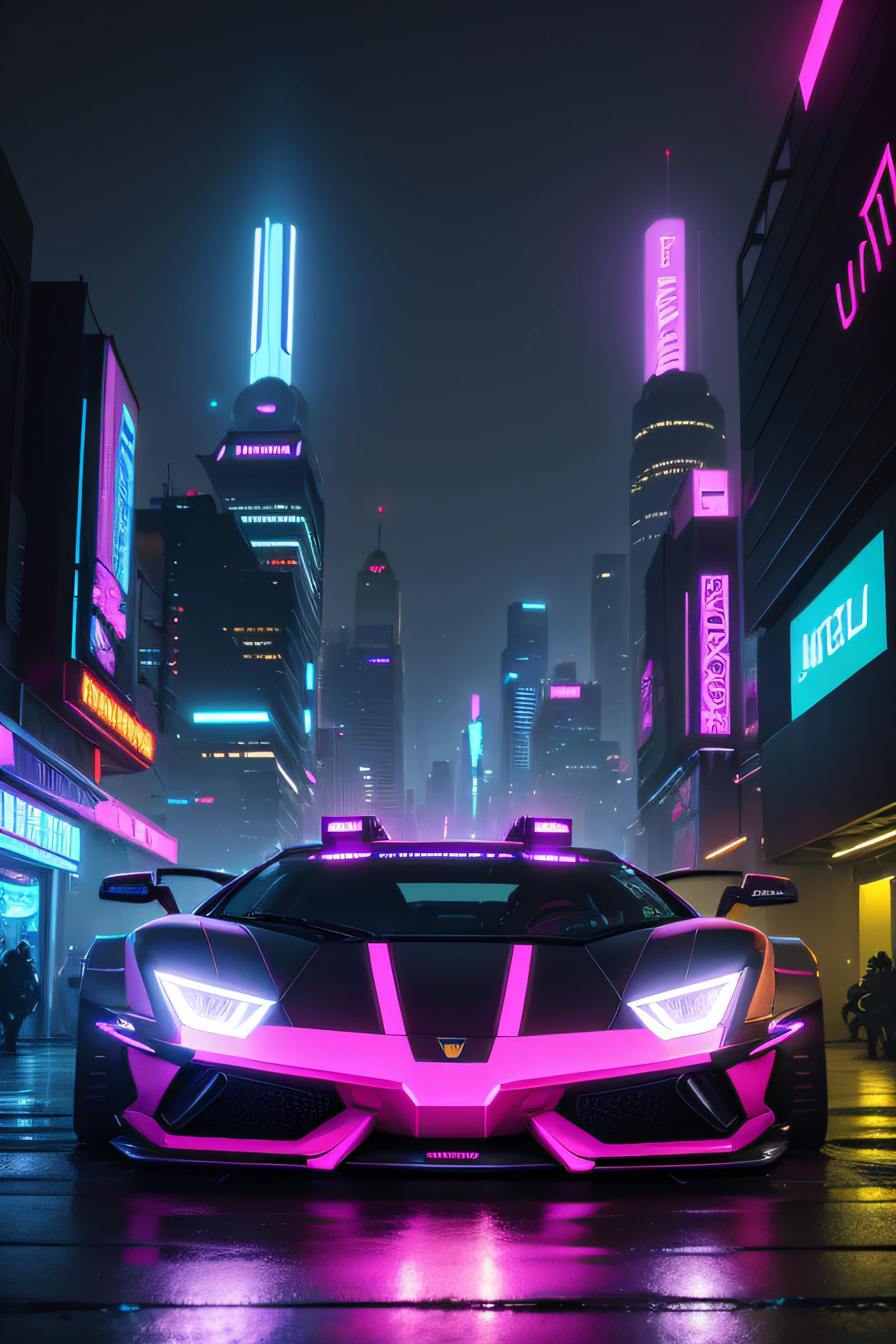 futuristic city with neon lights 190 horizon degree camera HD image, 2035 Lamborghini car front view futuristic after market body kit with neon lights,  in the foreground, cyberpunk art inspired by Syd Mead, cg society contest winner, retrofuturism, cyberpunk garage on jupiter, neon city in the background, cyberpunk with neon lighting, in cyberpunk city, in a futuristic cyberpunk city, detailed neon cyberpunk city, cyberpunk city, cyberpunk cityscape, hyper realistic cyberpunk city, neon rainy cyberpunk setting