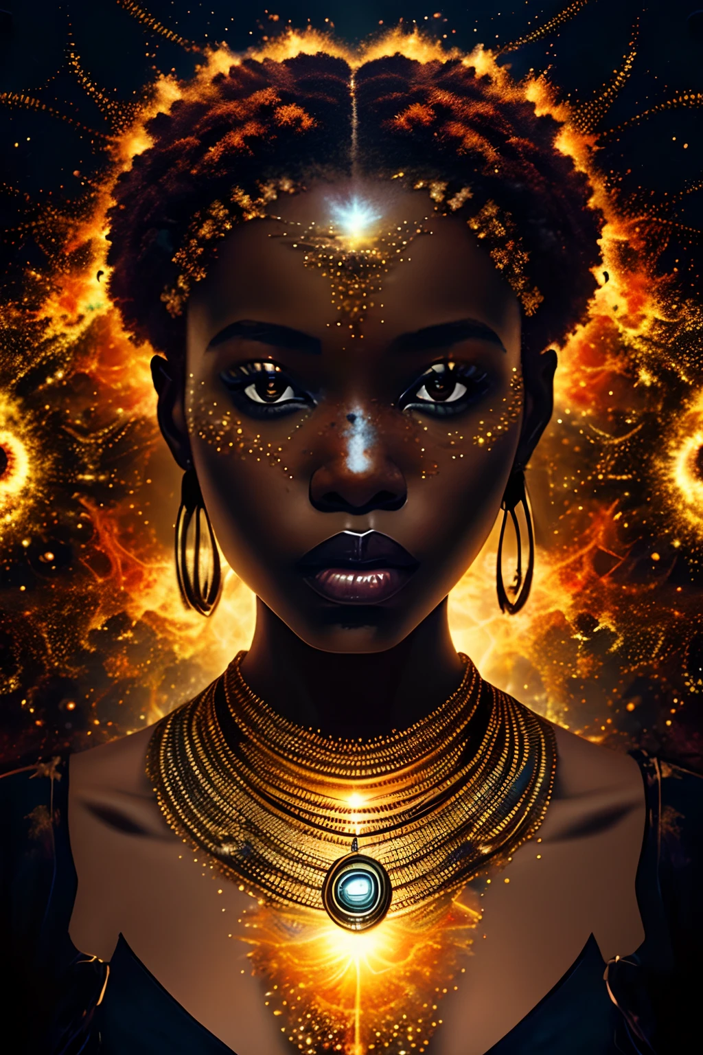 masterpiece, best quality, ultra high res, 1 dark skinned African girl, (fractal art:1.3), deep shadow, dark theme, fully clothed, necklace, forlorn, cowboy shot, Colossal tits, --auto