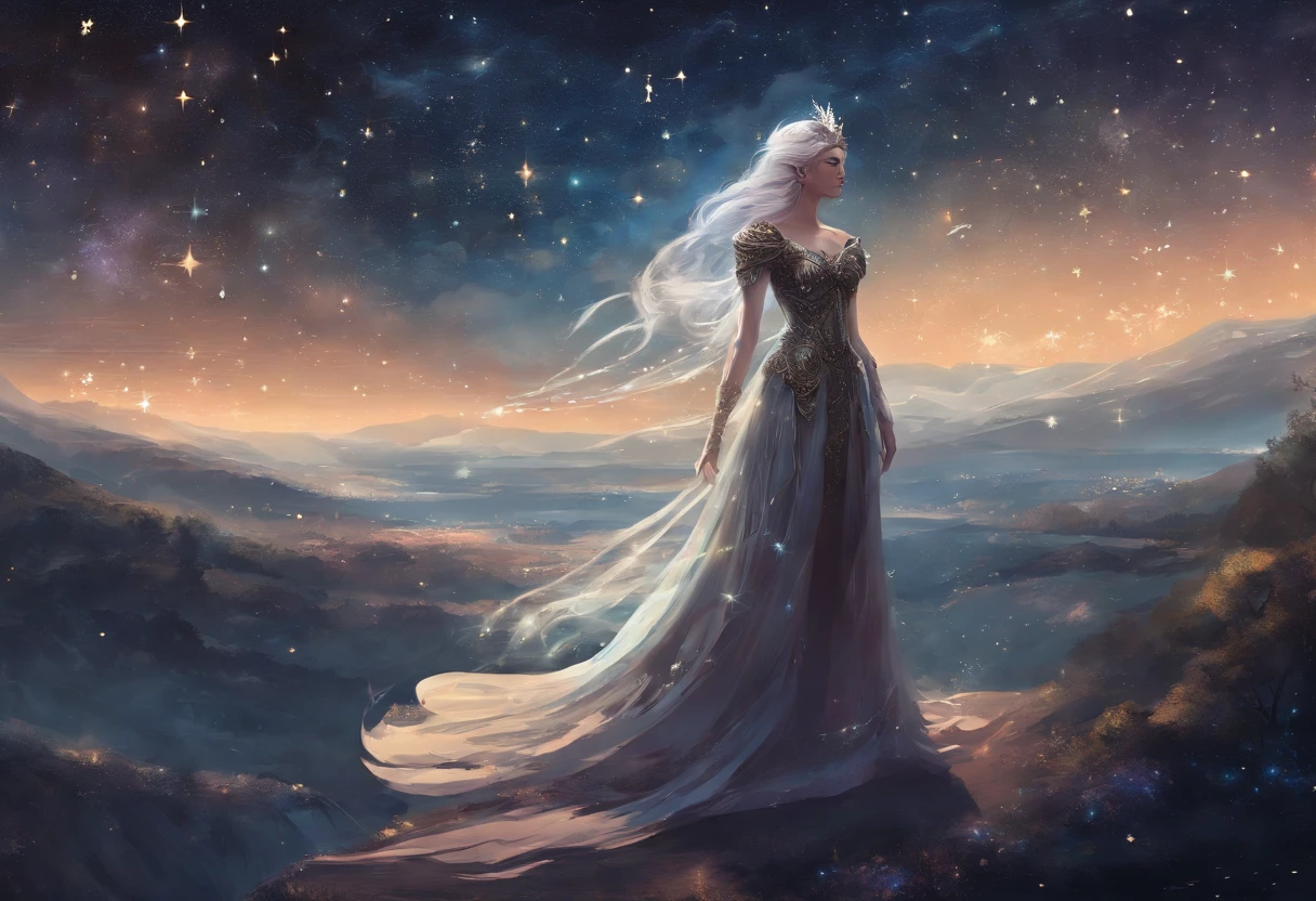 landscape, A queen in a dress made of starry night veil is crossing on the Earth down below with her extraordinary long hem dragging. As she walks, starry night falls on her path. A starry night fantasy. perfect beautiful face, perfect hands, fantasy art, landscape,