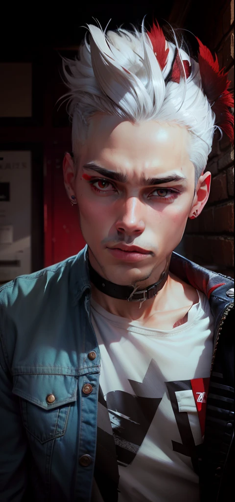 white hear,red eyes,denim jacket