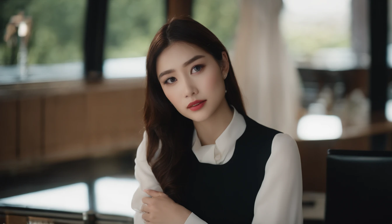 ((Best Quality, 8K)), Working on a computer, Detailed eyes, Detailed face, 1人の女性, Beautuful Women, assist々Kiki, Slim Face, Black Suit, Double eyelids, Sit up