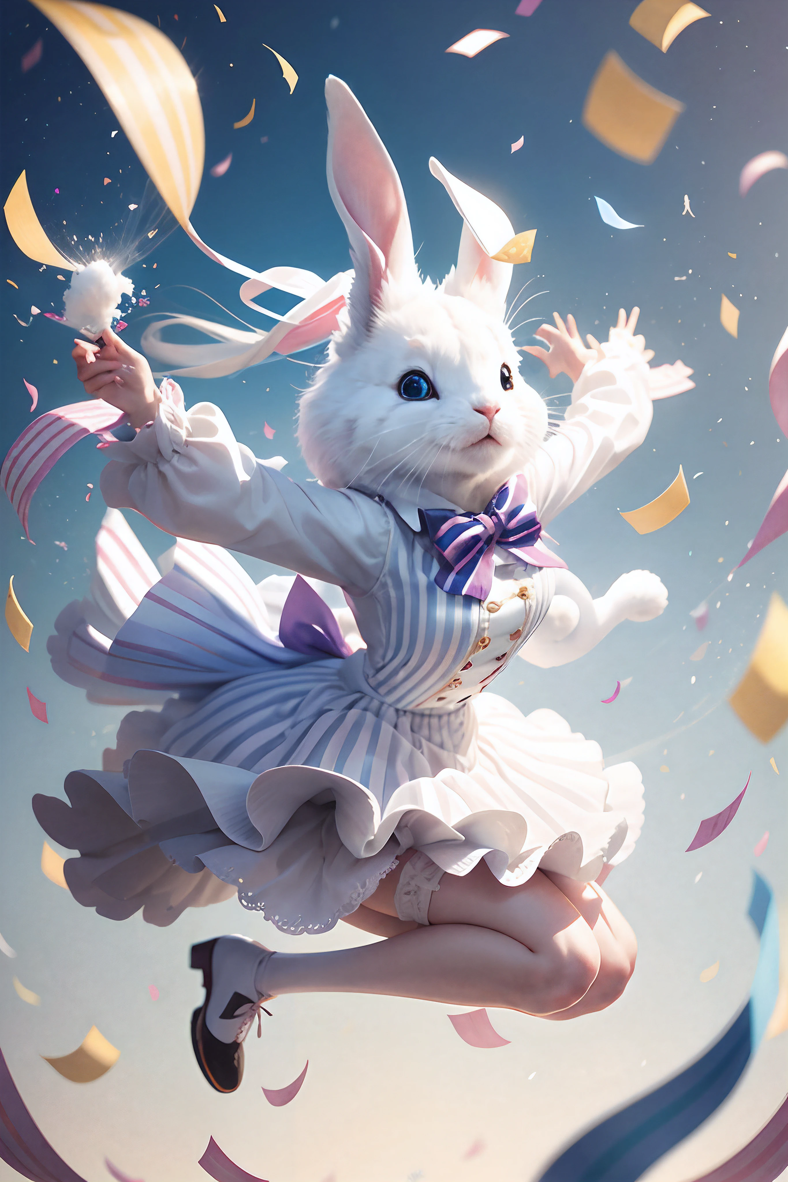 White rabbit is happy jumping up with confetti spreading with a striped bow at the ears. --auto