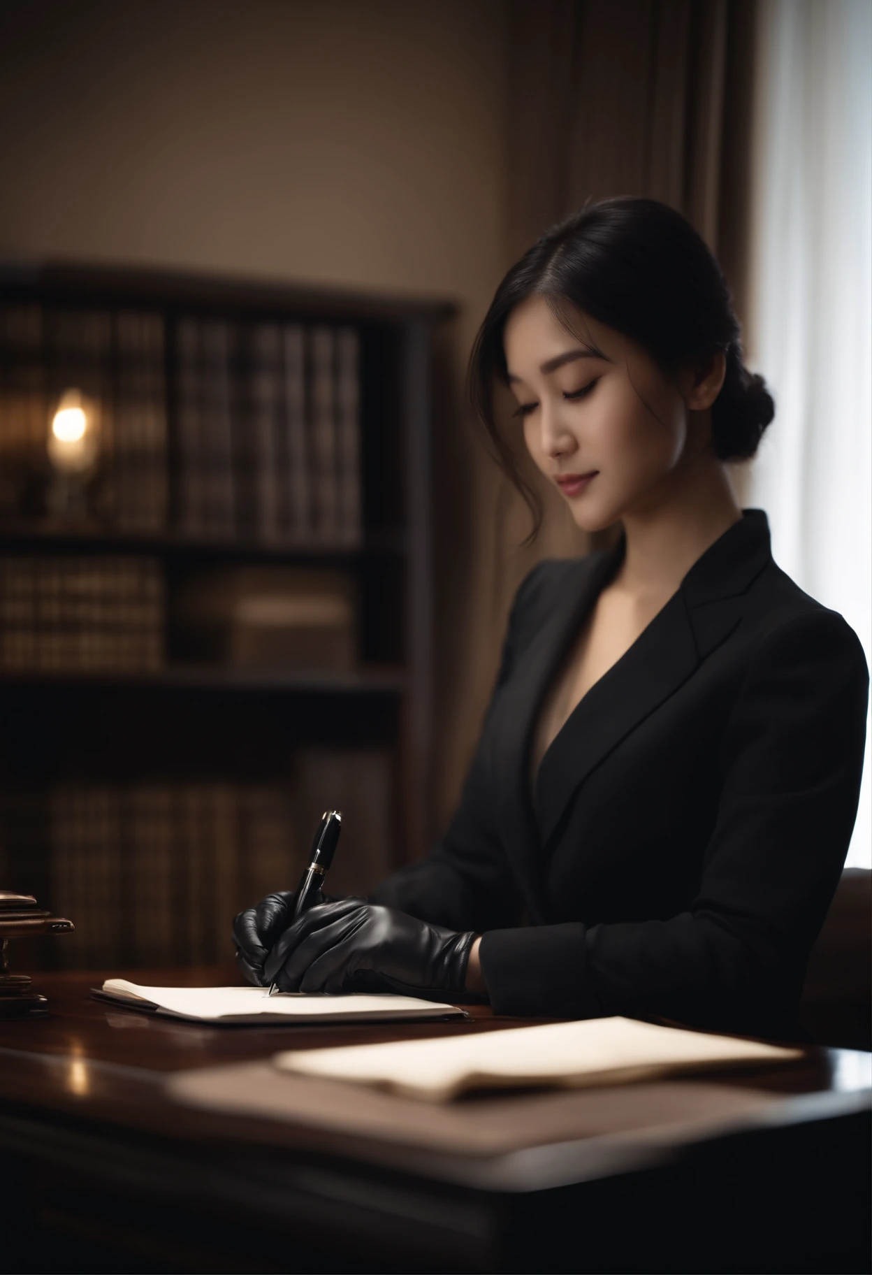 Wearing black leather gloves in both hands, upper body, black business suit, facing the desk in the modern study in the dark, looking down and smiling, writing a letter using a fountain pen, long, straight black hair, young Japanese woman (black leather gloves cover both hands)
