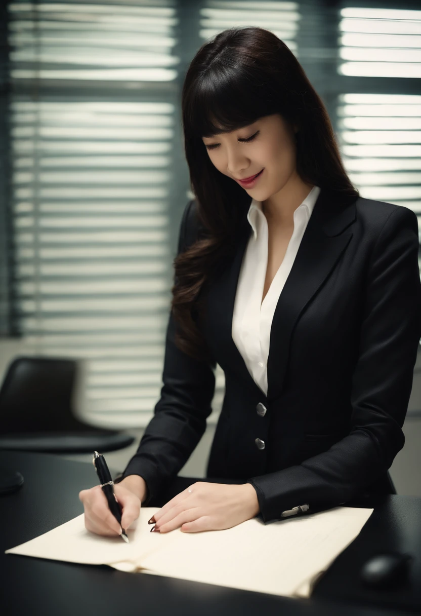 Wearing black leather gloves in both hands, upper body, black business suit, facing the desk in the modern study in the dark, looking down and smiling, writing a letter using a fountain pen, long, straight black hair, young Japanese woman (black leather gloves cover both hands)