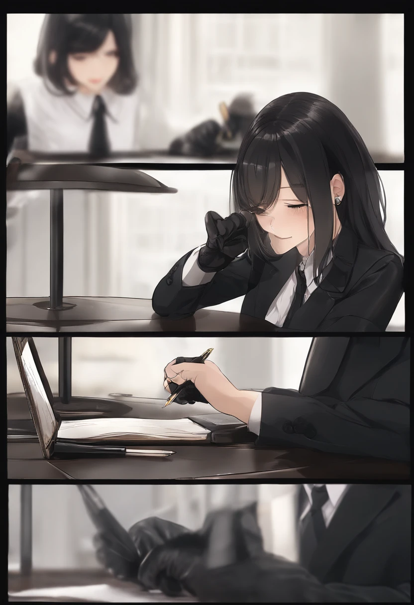 Wearing black leather gloves in both hands, upper body, black business suit, facing the desk in the modern study in the dark, looking down and smiling, writing a letter using a fountain pen, long, straight black hair, young Japanese woman (black leather gloves cover both hands)