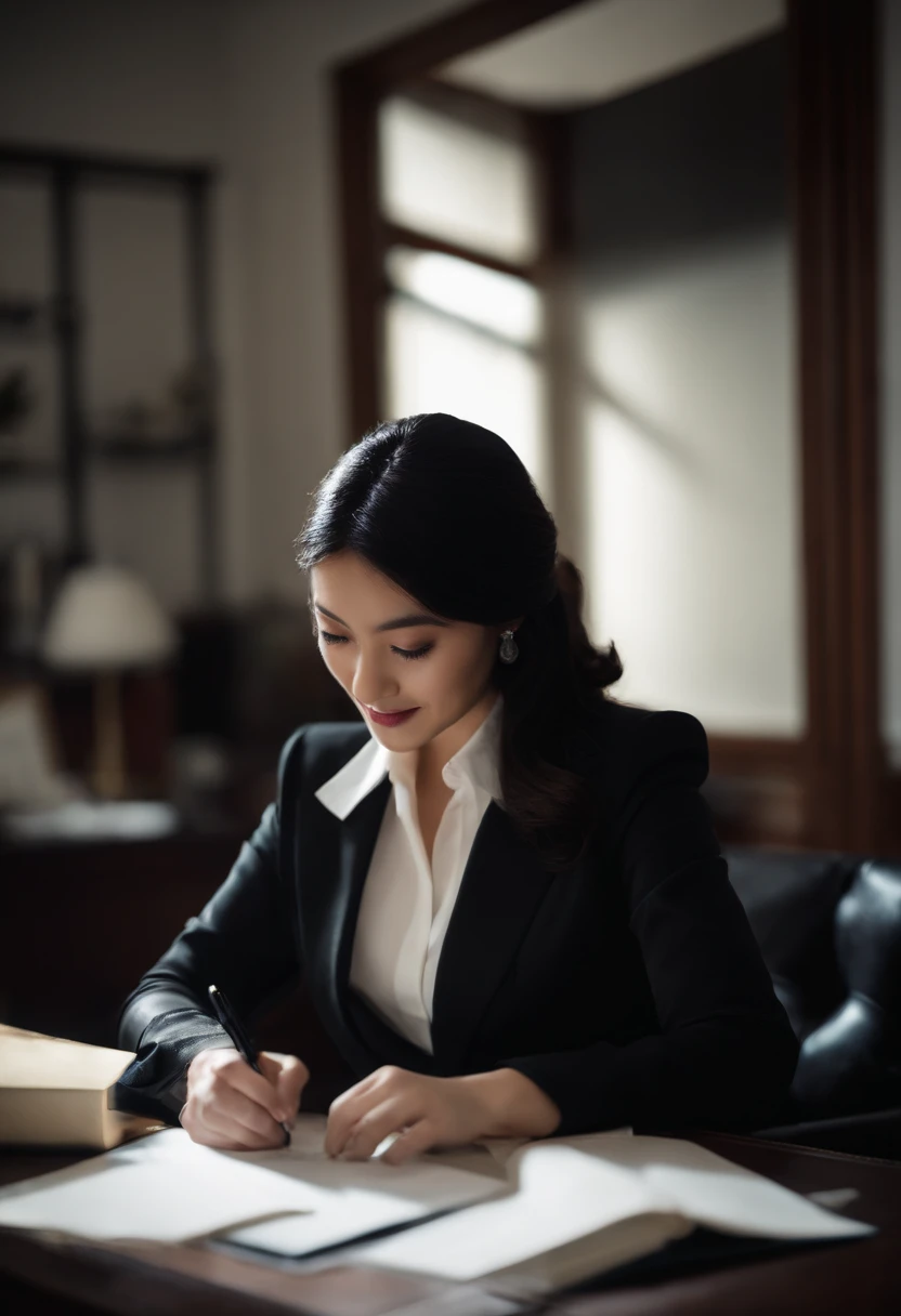 Wearing black leather gloves in both hands, upper body, black business suit, facing the desk in the modern study in the dark, looking down and smiling, writing a letter using a fountain pen, long, straight black hair, young Japanese woman (black leather gloves cover both hands)