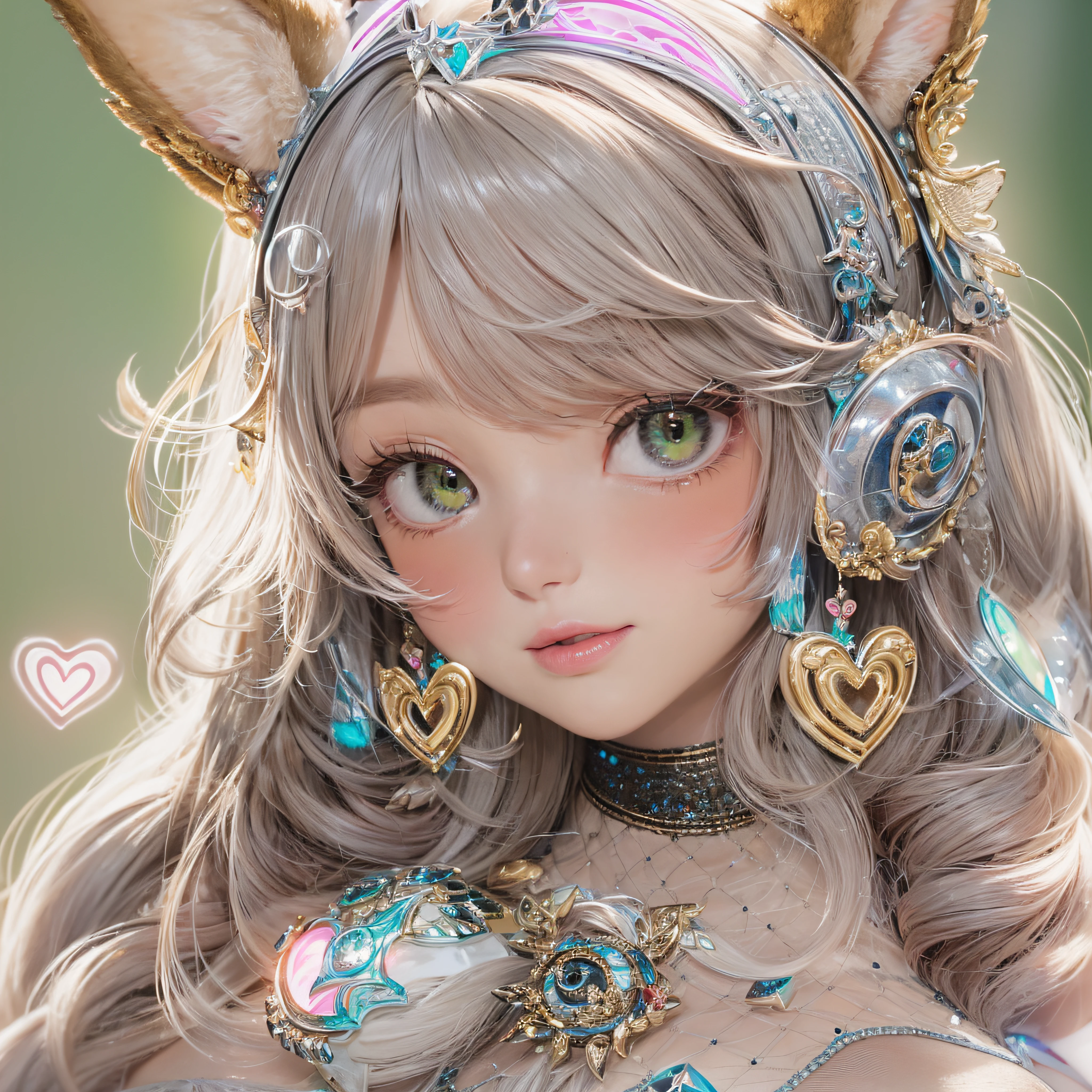 Dog Girl Costume、Cosplay、Dog Ear Headband、Close-up of laughing face、Close-up of laughing face、Designer、super model、makeup、Glossy lips、Shining eyes、(realisitic、hight resolution)、(1 girl in)、Do-Up Eye、Korean Girl、(Best Quality), (masutepiece), (1girl in), Solo, a beauty girl, Perfect face, dreamlikeart、Highly detailed airbrush art((Surreal))、Volumetric lighting、(top-quality)、The ultra-detailliert、Highly detailed colorful details、(Bright lighting)、dynamic compositions、Ray traching、The mirror reflects light、Shallow depth of field、ultra-detailliert、mixing exposure、nffsw、Her eyes shine with dark green、Pink glowing 3D heart on background、Pink glowing heart on background