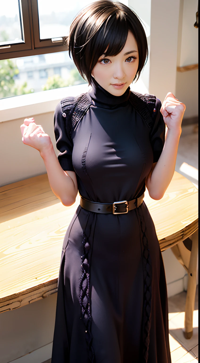 ((pixie_cut short_hair):1.2), 8K、Raw photography。top-quality、high_quality、Extreme_Detail_Photography、Eye for extreme detail、Super Detail Face、Hair in super detail、Super detail body、(Photography Lighting:1.3)、1girl、Puffy eyes、Eyes in good shape。Brown-eyed、dark brown short hair、good lips、Small lips、Raw photo, Best Quality, masutepiece, ultra-detailliert, (black cable-knit long dress with turtleneck:1.5), 超A high resolution, Realistic,wide_angle, tiny head, (big breasts:1.5), (ankle:1.4), ((((solo)))), thick thighs, (seductive posture:2.0), stretching up arms, perfect hands, perfect fingers, feminine fingers