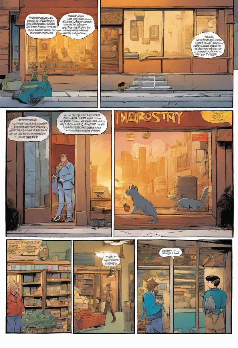 American comics, the comic story is presented in multiple irregular panels with color. The American Shorthair cat goes through hardships while running away from home and then reunites with its owner. The style is exaggerated and detailed