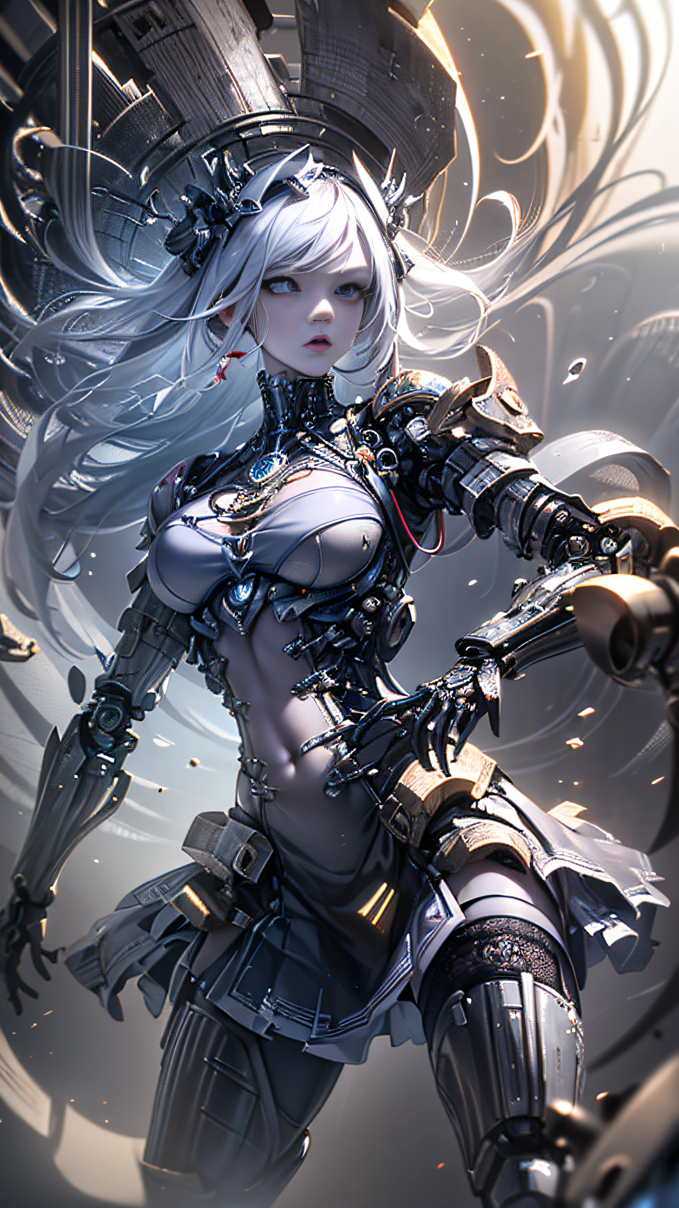 (((Masterpiece, top quality, super detailed))), ((Ultra-Photorealistic 3D)), Complex mechanical cyborg girl, Skeleton body, Dynamic combat action poses, Off-the-shoulder fashion fused with detailed and intricate steampunk and detailed gothic lolita, Complex steampunk headgear, very thin long legs, Complex mechanical boots above the knee, Fluttering Lace Flared Mini Skirt, beautiful small breasts directed upwards, rather long vertical cur, (((( highly detailed face))), small thin nose, small thin lip mouth, (((very sharp focused eyes))), very large slit precision pale gray eyes that shine like jewels. Very long eyelashes, ly silver hair moved by the wind, Emitting a dazzling light in a mandala pattern, Lots of neon lights cross and splash, Extremely complex giant mechanical weapons, Complex mechanical factory bursting into flames, Very dark night background, Very dramatic and cinematic lighting, (((a dramatic leap in overall precision, creating a super detailed and realistic image))), HDR (High Dynamic Range), Ray Tracing, NVIDIA RTX, Super Resolution, Unreal 5, Subsurface Scattering, PBR Texturing, Post-Processing, Anisotropic Filtering, Depth of Field, Maximum Clarity and Sharpness, Multilayer Textures, Albedo and Specular Maps, Surface Shading, Accurate Simulation Light Material Interaction, Perfect Proportions, Octane Rendering, Two-Tone Lighting, Wide Aperture, Low ISO, White Balance, Rule of Thirds, 16K RAW,