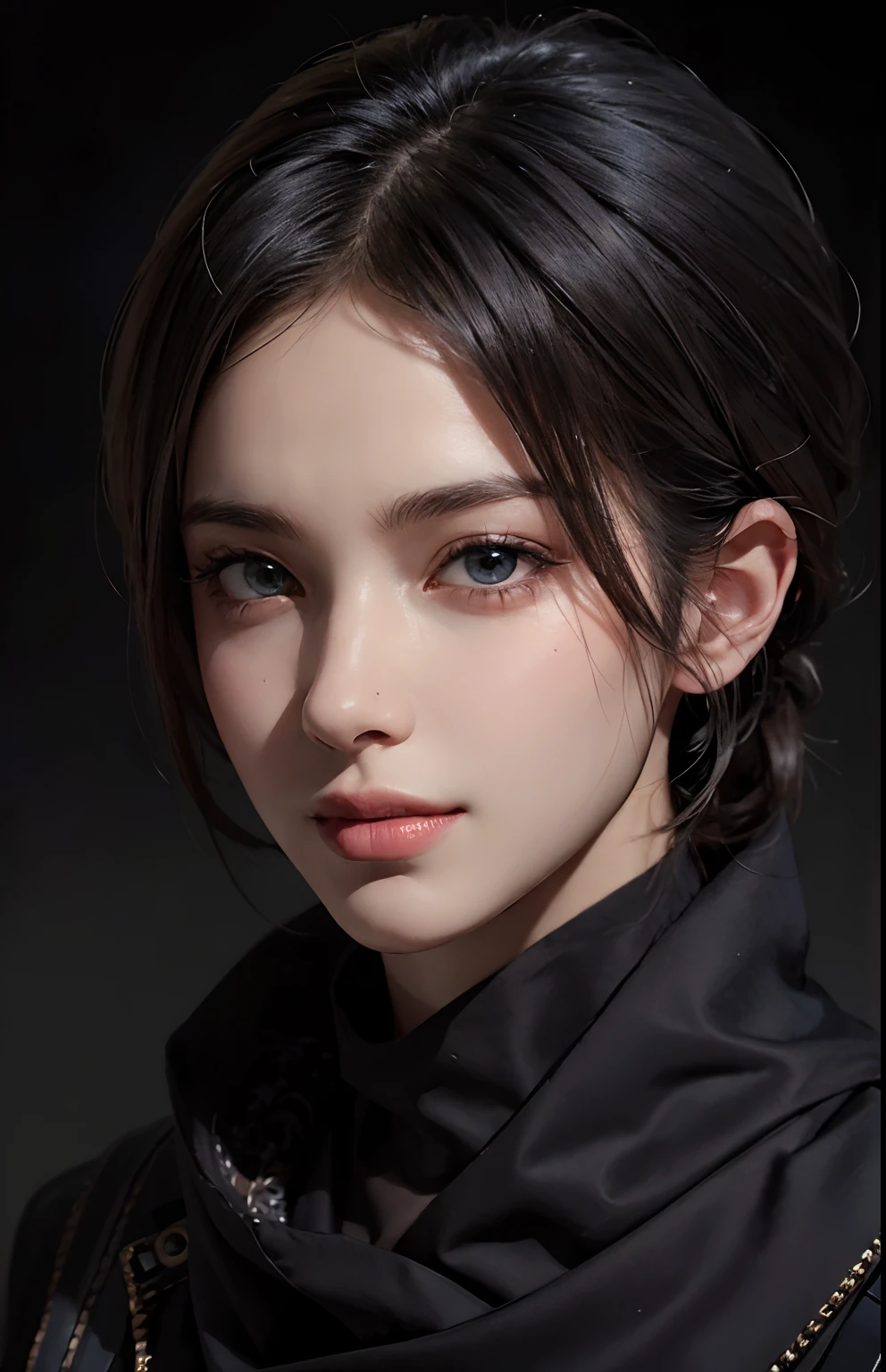 (Ultra Realistic), (Illustration), (Increased Resolution), (8K), (Extremely Detailed), (Best Illustration), (Handsome and Detailed Eyes), (Best Quality), (Ultra Detailed), (Masterpiece ), ( wallpaper), (detailed face), solo, 1 boy, looking at viewer, fine details, detailed face, in the dark, deep shadows, low key, pureerosfaceace_v1, smiling, black hair, sharp jaw, masculine, black shawl straight hair , 46 points undercut hairstyle