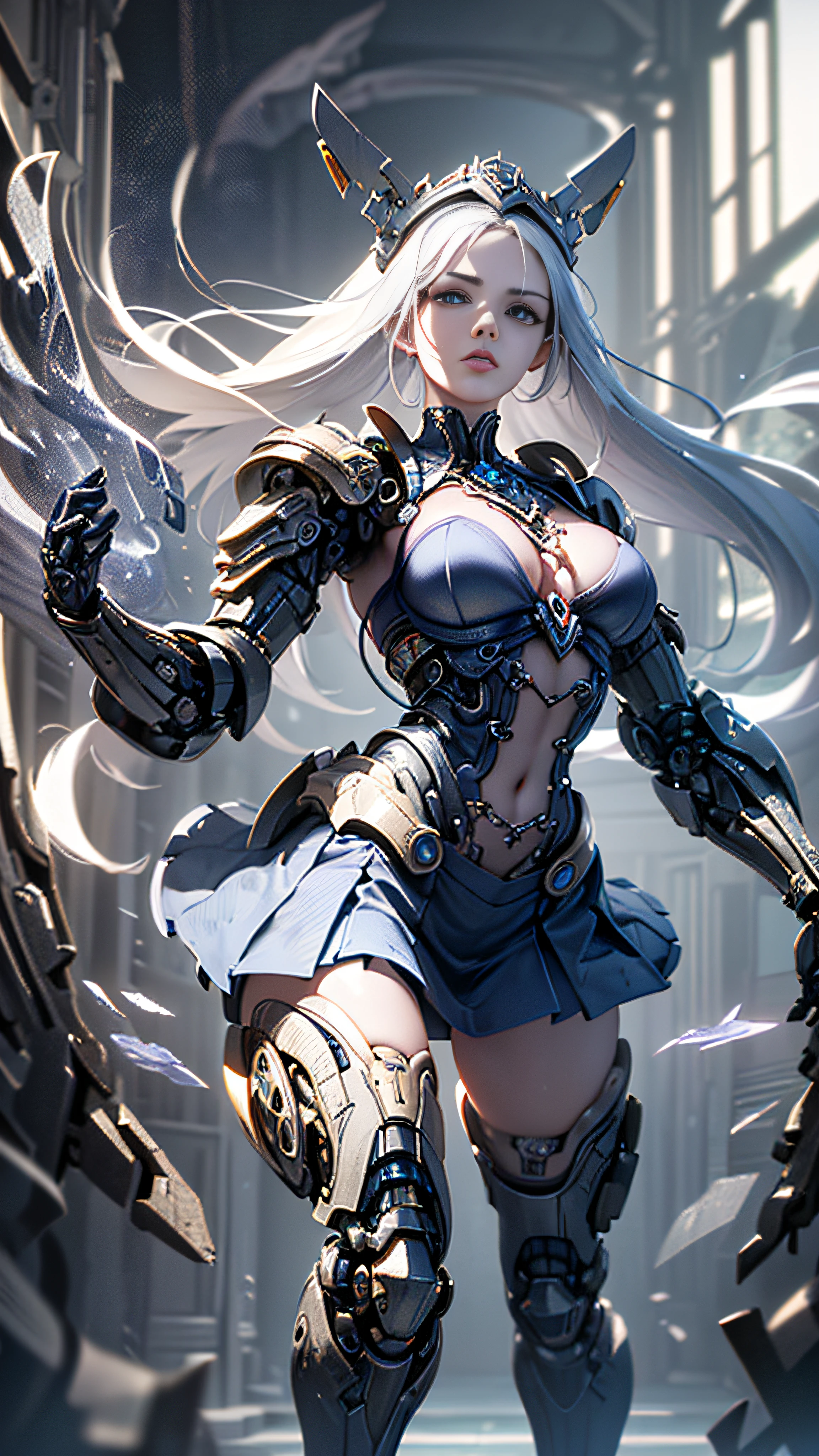 (((Masterpiece, top quality, super detailed))), ((Ultra-Photorealistic 3D)), Complex mechanical cyborg girl, Skeleton body, Dynamic combat action poses, Off-the-shoulder fashion fused with detailed and intricate steampunk and detailed gothic ta, Complex steampunk headgear, very thin long legs, Complex mechanical boots above the knee, Fluttering Lace Flared Mini Skirt, beautiful small breasts directed upwards, rather long vertical cur, (((( highly detailed face))), small thin nose, small thin lip mouth, (((very sharp focused eyes))), very large slit precision pale gray eyes that shine like jewels. Very long eyelashes, ly silver hair moved by the wind, Emitting a dazzling light in a mandala pattern, Lots of neon lights cross and splash, Extremely complex giant mechanical weapons, Complex mechanical factory bursting into flames, Very dark night background, Very dramatic and cinematic lighting, (((a dramatic leap in overall precision, creating a super detailed and realistic image))), HDR (High Dynamic Range), Ray Tracing, NVIDIA RTX, Super Resolution, Unreal 5, Subsurface Scattering, PBR Texturing, Post-Processing, Anisotropic Filtering, Depth of Field, Maximum Clarity and Sharpness, Multilayer Textures, Albedo and Specular Maps, Surface Shading, Accurate Simulation Light Material Interaction, Perfect Proportions, Octane Rendering, Two-Tone Lighting, Wide Aperture, Low ISO, White Balance, Rule of Thirds, 16K RAW,