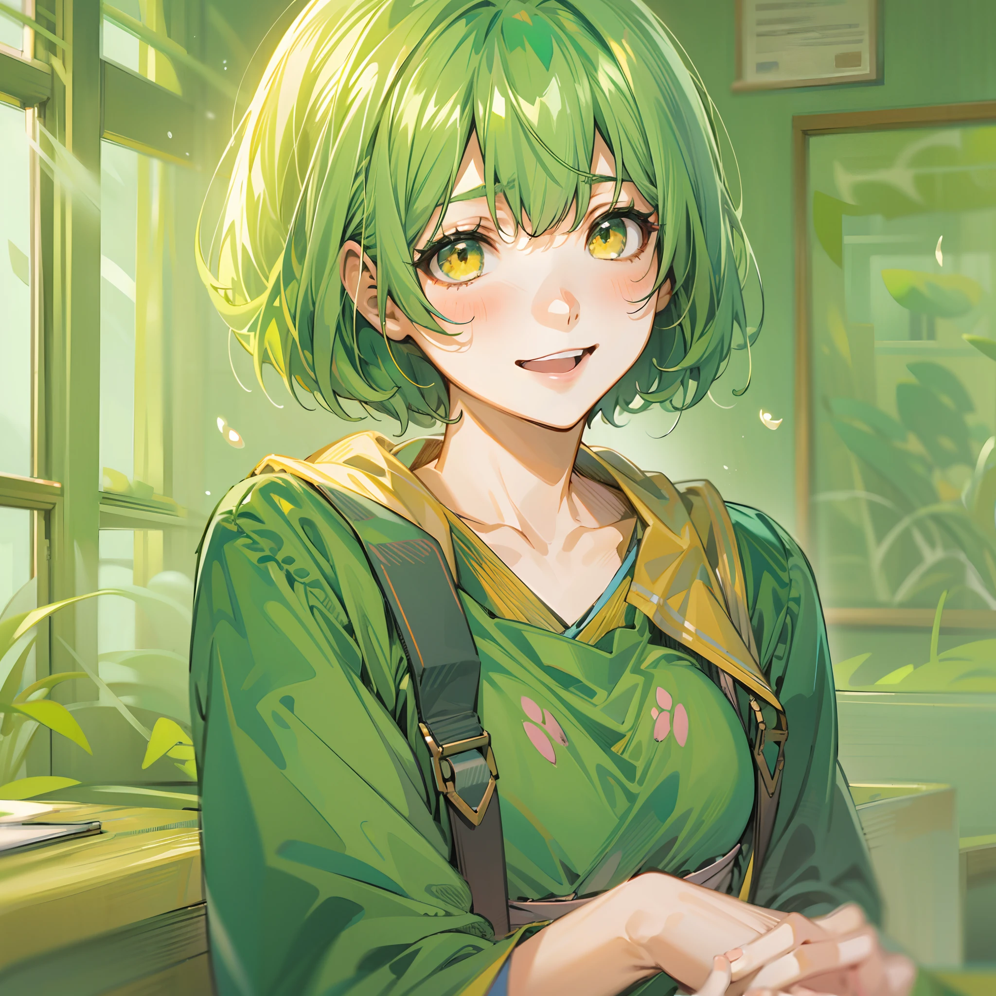 a beauty girl,Yellow-green hair,bobhair、short-hair、Gentle drooping eyes,large full breasts、校服,Manga style,fulcolor,hi-school girl,Calm and gentle face,Big smile、innocent smiles