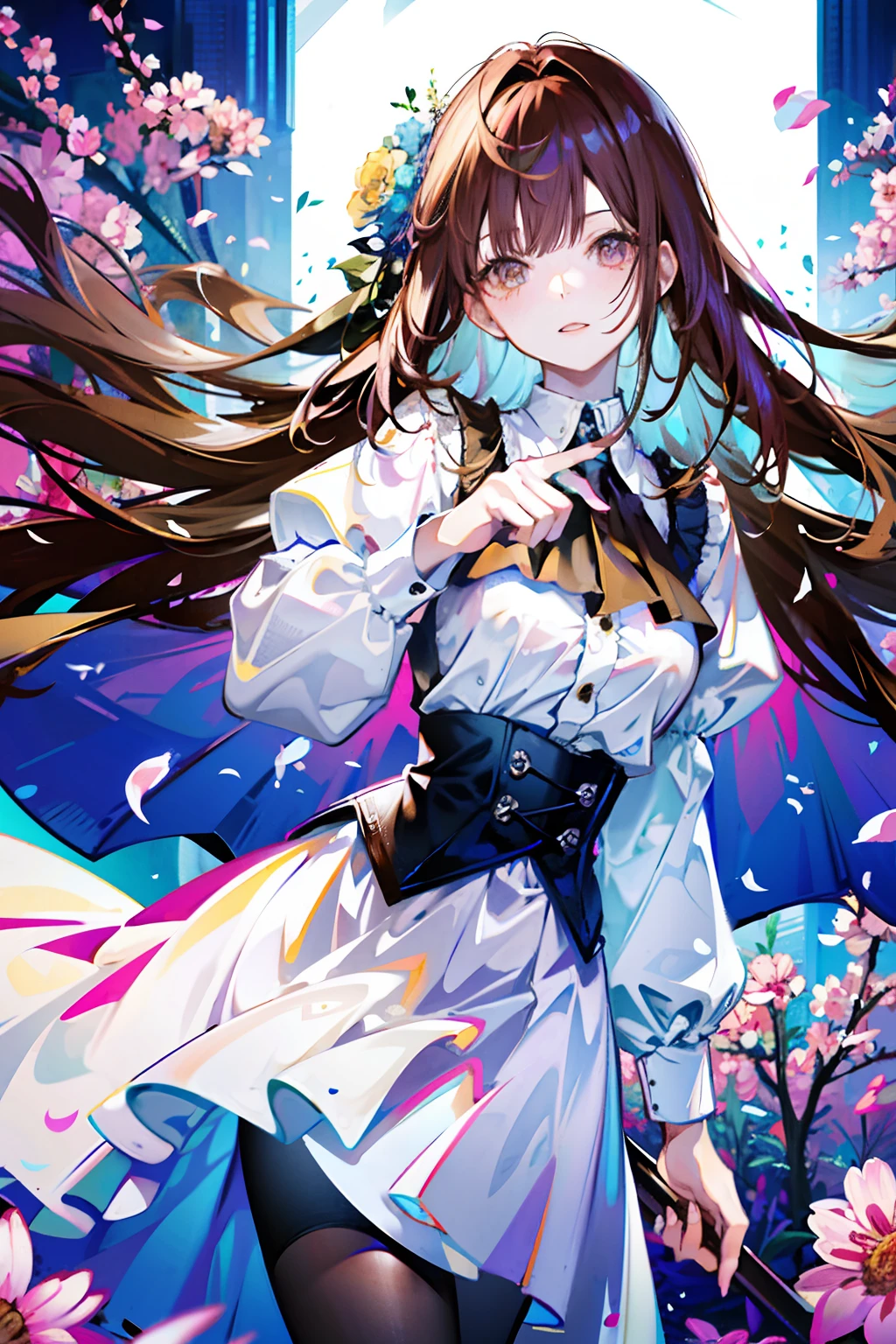 best quality, detailed wallpapers, highest resolution, 8k wallpapers, blooming flowers, messy hair, shiny hair, bright pupils, big exposure, focus on clothes, long brown hair, brown hair, random pose, glass ceiling, hair for more than one eye