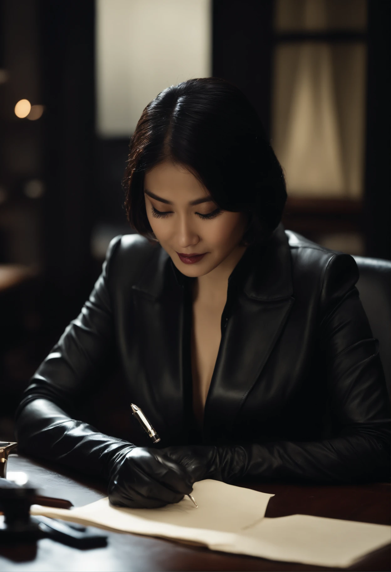 Wearing black leather gloves in both hands, upper body, black business suit, facing the desk in the modern study in the dark, looking down and smiling, writing a letter using a fountain pen, long, straight black hair, young Japanese woman (black leather gloves cover both hands)