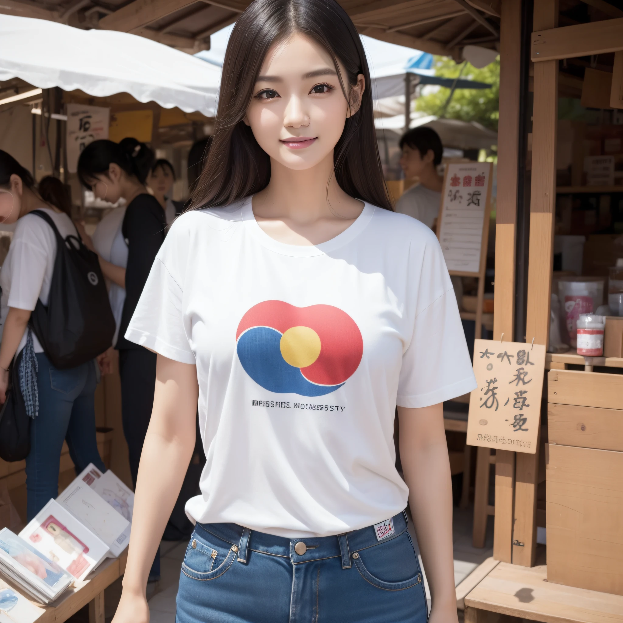 One lady、((best qualtiy、8k masterpieces:1.3))、foco nítido:1.2、(ultra beautiful faces:1.0)、(shinny skin:1.0)、photos realistic、A dark-haired、Video Lighting、High-definition eyes and face、Video Lighting、Japan actress with Korean-style makeup、from the front side、medium breasts、Smile、Slender Abs Beauty、Whole body、Wearing a T-shirt with the Japanese logo、At the market in the early morning、
