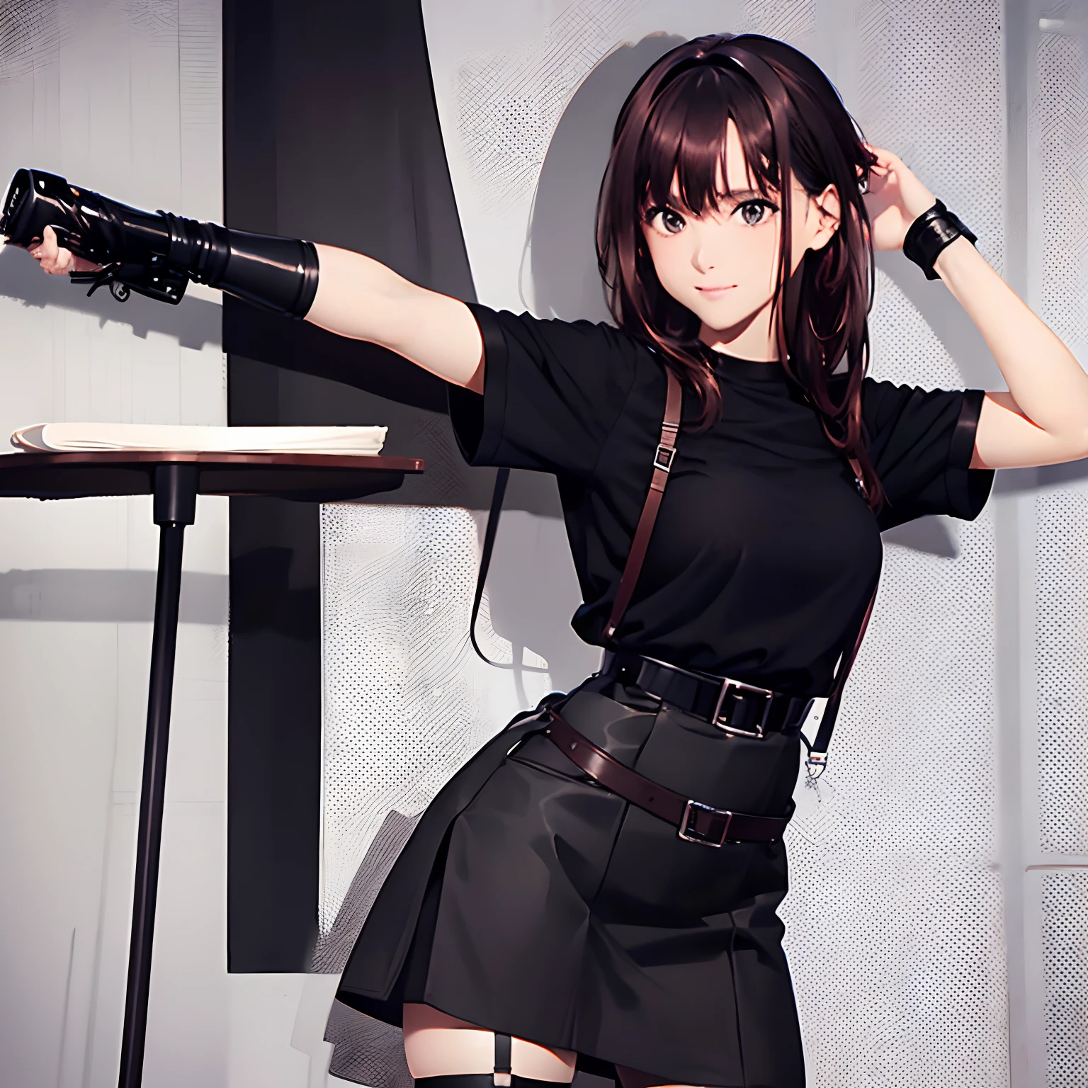 Black skirt, suspenders, Brown hair Gray eyes, Garter belt on the legs, Tight black clothes, a belt Armpit sweat Dark look Moderately breasts holster chain poneyTail Water wetting