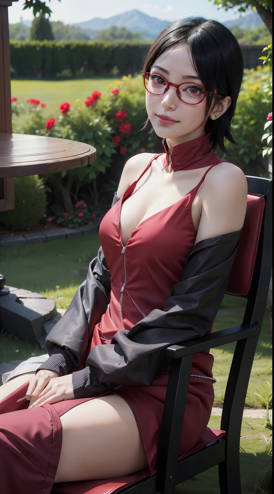1girl, uchiha sarada in the anime boruto, short hair, black hair, red eyes, smile, beautiful, sexy dress, sexy clothes, red clothes, wears red glasses, very big breasts, realistic clothes, detailed clothes, outdoor background, ( garden), very detailed, realistic, (sitting on a chair)