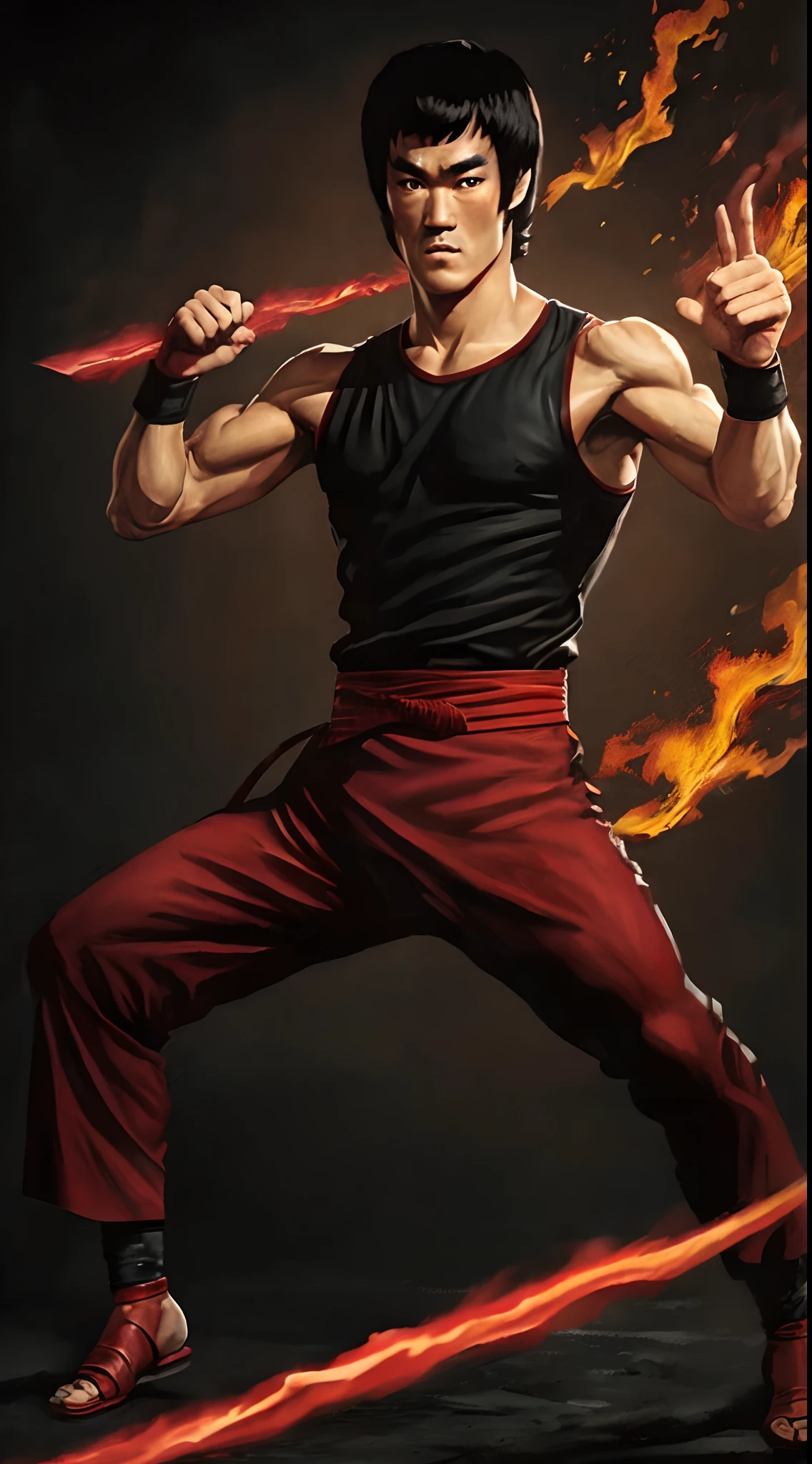 actor ((Bruce Lee)) as Liu Kang, Mortal Kombat, (red headband), black pants with red stripes, fire on background, intricate, high detail, sharp focus, dramatic, photorealistic painting art by greg rutkowski