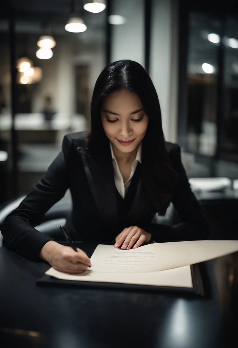 Wearing black leather gloves in both hands, upper body, black business suit, facing the desk in the modern study in the dark, looking down and smiling, writing a letter using a fountain pen, long, straight black hair, young Japanese woman (black leather gloves cover both hands)