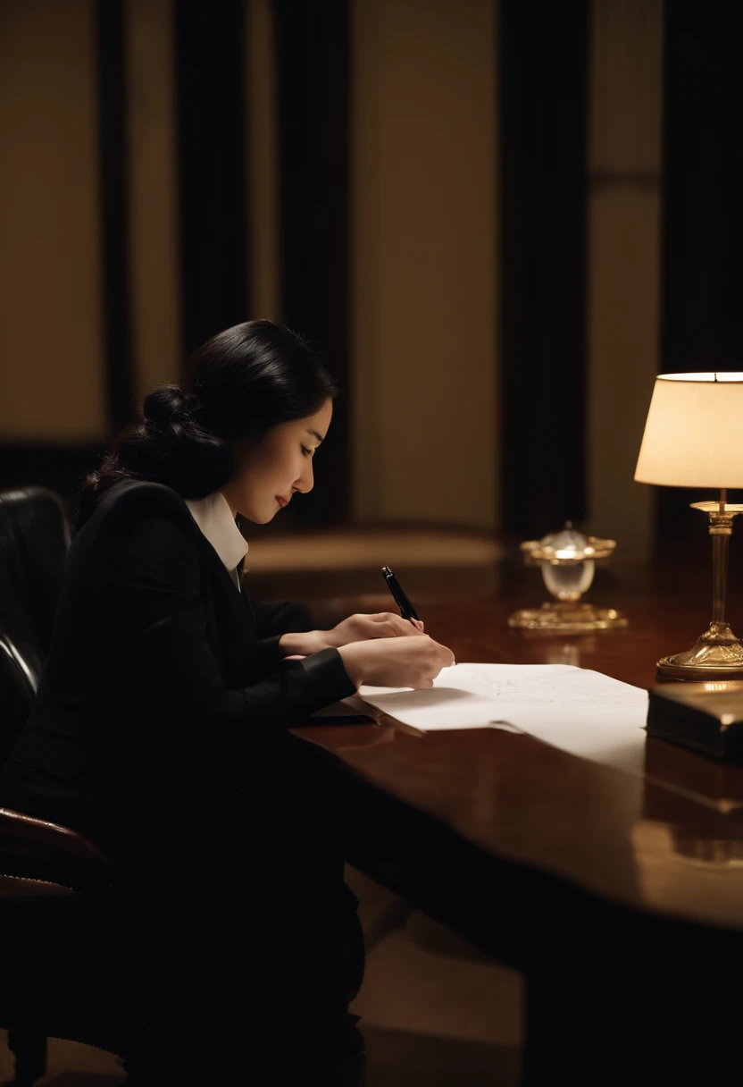 Wearing black leather gloves in both hands, upper body, black business suit, facing the desk in the modern study in the dark, looking down and smiling, writing a letter using a fountain pen, long, straight black hair, young Japanese woman (black leather gloves cover both hands)