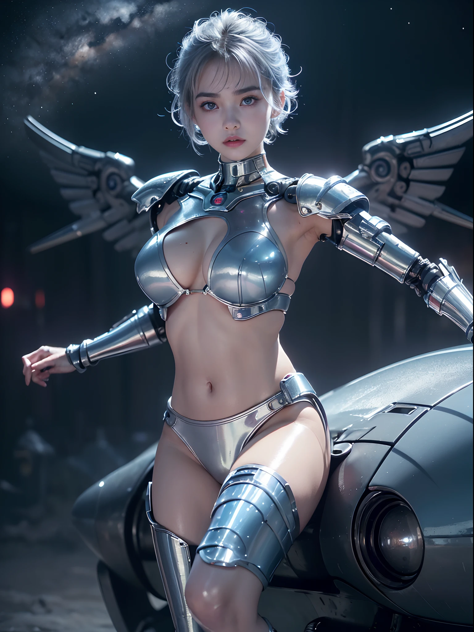 the best ever、8K,(((full body Esbian)))、(((The sheen)))、(((metalic)))、(((cyberpunked)))、The cute beauty of the mecha(Best Quality, Detailed details, masutepiece, , 8K, Chiaroscuro,Great in good shape、Bust photos are ultra-realistic and realistic, Highly detailed Hasselblad RAW shooting )、(((Beautiful and shining natural eyes)))、(((Human skin type)))、(((Highly photorealistic human beings)))、(perfectly round eyes)、(((The details of the iris of the pupil are very amazing)))、(((Shining eyes)))、accurate fingers、Limbs without breakdowns、(((Face of Caucasian old girl)))、(((Very fair skin)))、Naturally closed mouth、Staring eyes、Natural body、(((a baby face)))、(((Caucasian cool high nose at the base)))、(((Skin types of humane Russian girls)))、(((Very cute female face)))、Feminine body、a small face、(((soft cheeks)))、Looking at the camera、Balanced face、(((drooing eyes)))、(((Beautiful drooping eyes)))、Body with human-like proportions、(((Slightly longer arms)))、(((Slightly longer arms)))、(((long neck)))、Normal shoulder width、(short thighs)、(((Long below the knee)))、(((thick waist)))、(rather long torso)、(((large hands)))、human face、(((Glowing blue-violet light blue silver hair)))、(((Cool and cute short-cut hair)))、The background is the future、(((8 Head Body)))、(((Luminescent light purple eyes)))、(((Thin thin silver eyebrows)))、(((Thin eyebrows)))、(((Looking at this)))、(((Gentle face)))、Background Mecha、bladerunner、((RoboCop))、Ghost in the Shell、2001: A Space Odyssey、Night background、(((No makeup)))、(((Hollywood Science Fiction Movie Lighting)))、(((5000 AD)))、Height 164cm、Leg length 82cm、the length of the head is 20 cm,Very subtlyXan legs、(((Cool pose)))、evangerion、(((murky)))、(((Combat readiness)))、Attack Pose、(((Extremely elaborate joints)))、(((Light blue silver eyelashes)))、(((very thin eyebrows)))、(((very brightly colored eyebrows)))、Precise and precise five-fingered hand、(((Cute round shortcut hair)))、(((Facial expressions that you will miss)))、(((Moist eyes)))、(((Transc