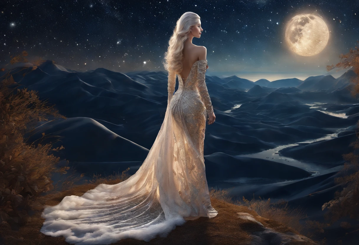 landscape, A queen in a dress made of starry night veil is crossing on the Earth down below with her extraordinary long hem dragging. As she walks, starry night falls on her path. A starry night fantasy. perfect beautiful face, perfect hands, fantasy art, landscape,