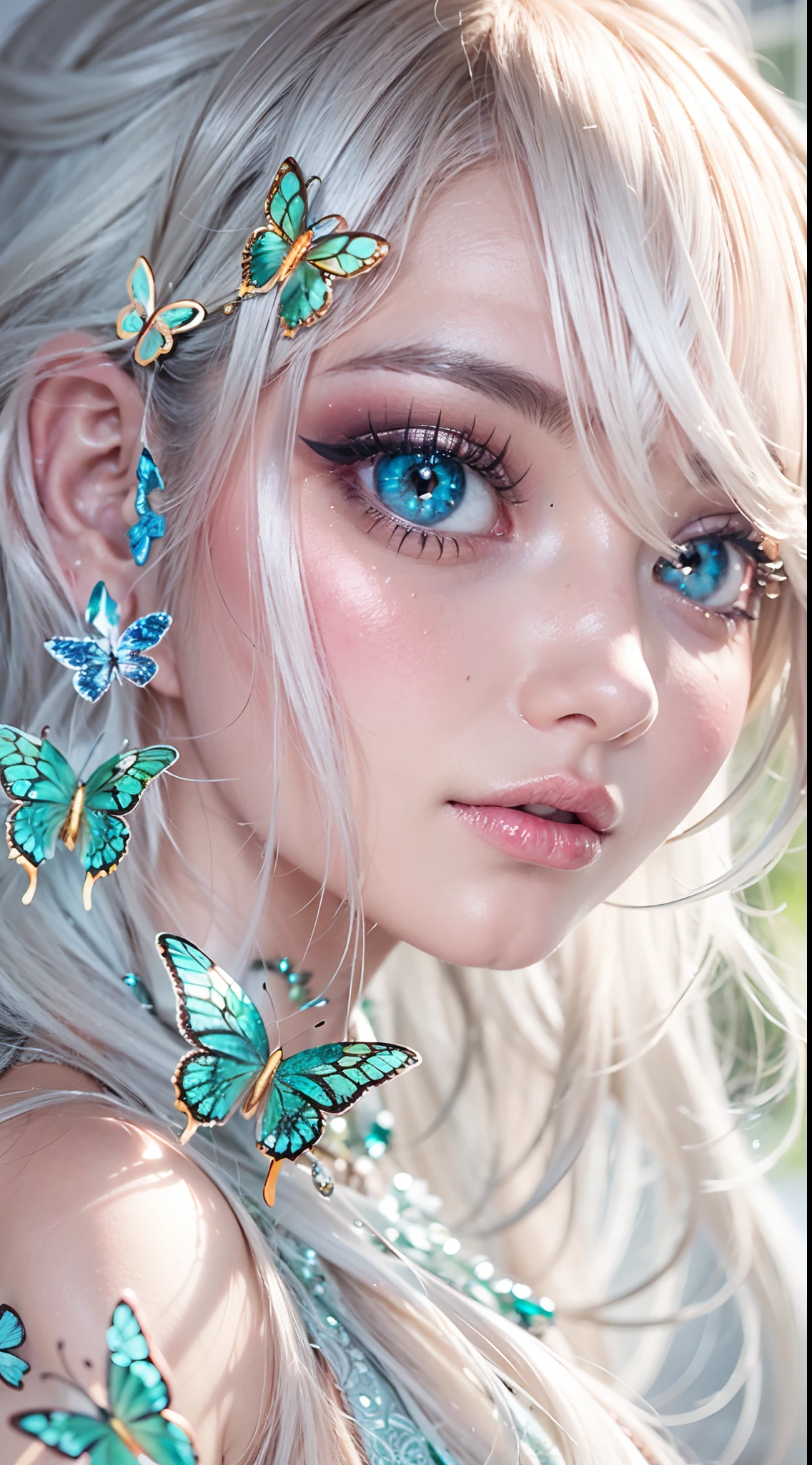 16k high quality wallpapers，Surrealist broken glass photo（Detailed eyes,Long eyelashes,Bright and colorful iris,Expressive eyebrows,Blend eyeshadow perfectly,Eyes sparkle,Reflective eyeballs，Heterochromia），（Silver-blue long-haired girl ， A lot of hair 1。3 Delicate hair 1。2）,（Long transparent dress，floral patterns：1.4，），（Gorgeous and delicate glowing little butterfly hair ornament，brilliant colorful，Fine engraving，Shine brightly，The attention to detail，The jewelry is of high quality，Extremely high image quality）White Skin Skin，Seductive smile emoji，Plate the carrots，Close-up shot