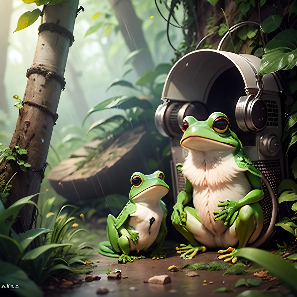 scene, rain forest amazon, futuristic radio, wireless, frog, headphone, green, realistic --auto --s2