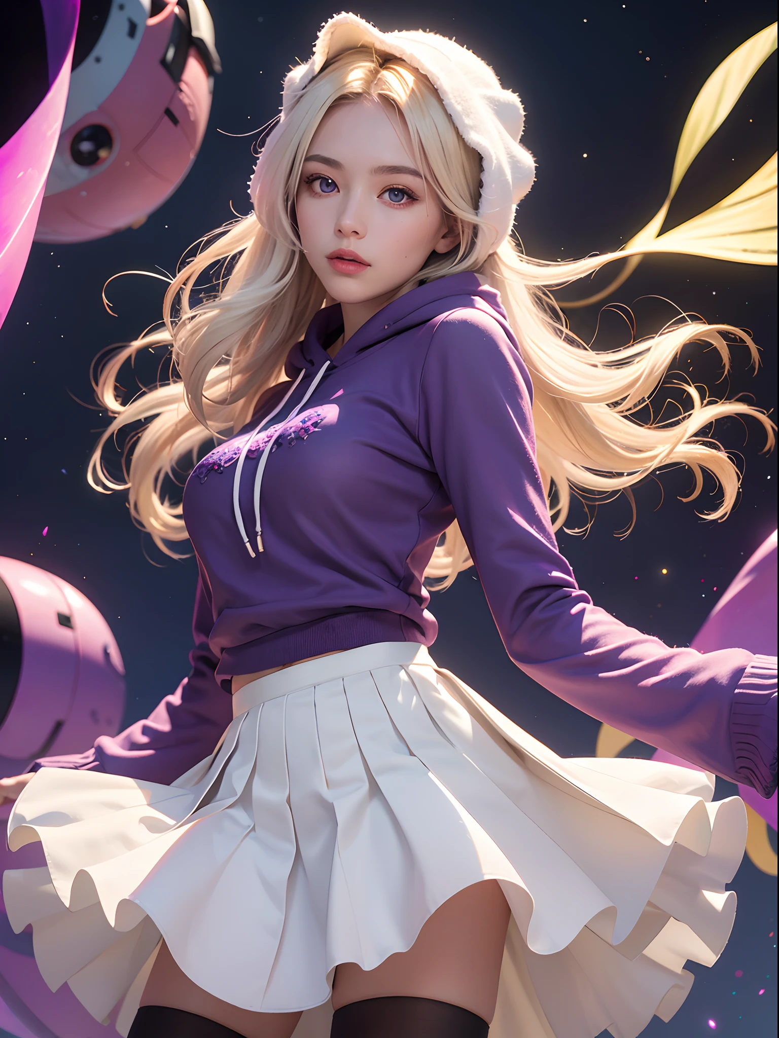 Unbeatable masterpiece, Ultra photo realsisim, Perfect artwork, Intricate details, Best quality, Strong light , High contrast, Dynamic pose, Dutch angle , ((Depth of field)) , 1 girl , mksksstyle , low angle , from below , vivid color ,lgirl , solo , sparkle , lights , wind , wind liftskirt lift , sparkling eyes , starry sky , galaxynebula , hood up , floating hair , very longhair , white hair , purple eyes , mediumbreasts , white pleated skirt , frilled skirt , frilled sleeves , purple hoodie , frills , blackpantyhose , long sleeves , oversized clothessleeves past fingers , chromatic aberration , facing viewer , standing , (abstractbackground) , dancing ,