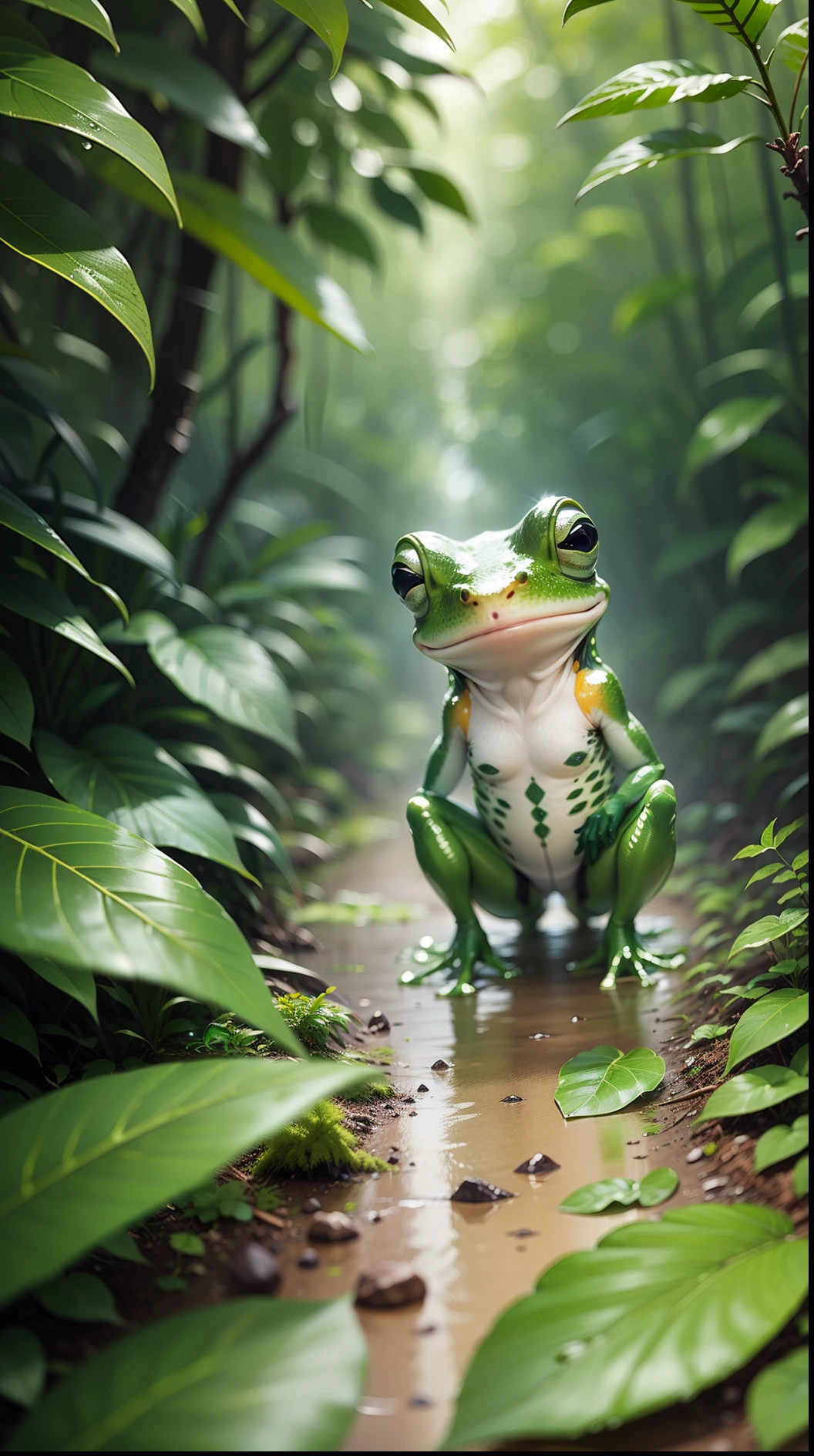 transparent glass frog transparent green glass body frog head realistic photo, walking with headphones on the head, Amazon rainforest, very green river in the background of the scene, smille, life style --auto --s2