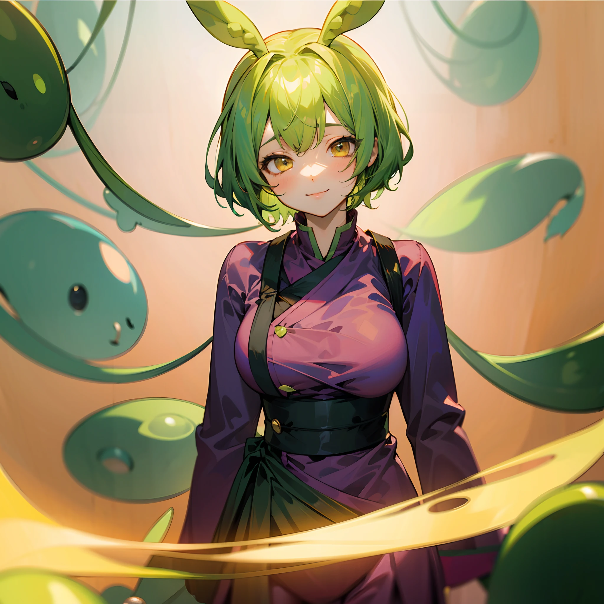 a beauty girl,Yellow-green hair,bobhair、short-hair、Gentle drooping eyes,large full breasts、校服,Manga style,fulcolor,hi-school girl,Calm and gentle face,Big smile、innocent smiles