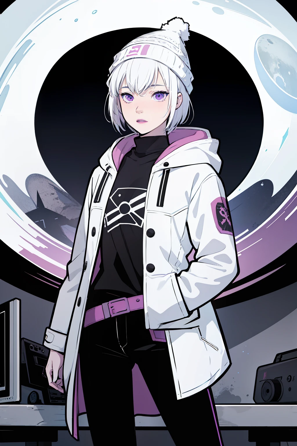 solo, 1girl, (masterpiece), (( appearance)), white hair, Pale skin, short hair, ahoje, Soft hair, small breasts, purple eyes, Beanie, Black coat and Black pants , Looking at the screen, white lipstick, moon background