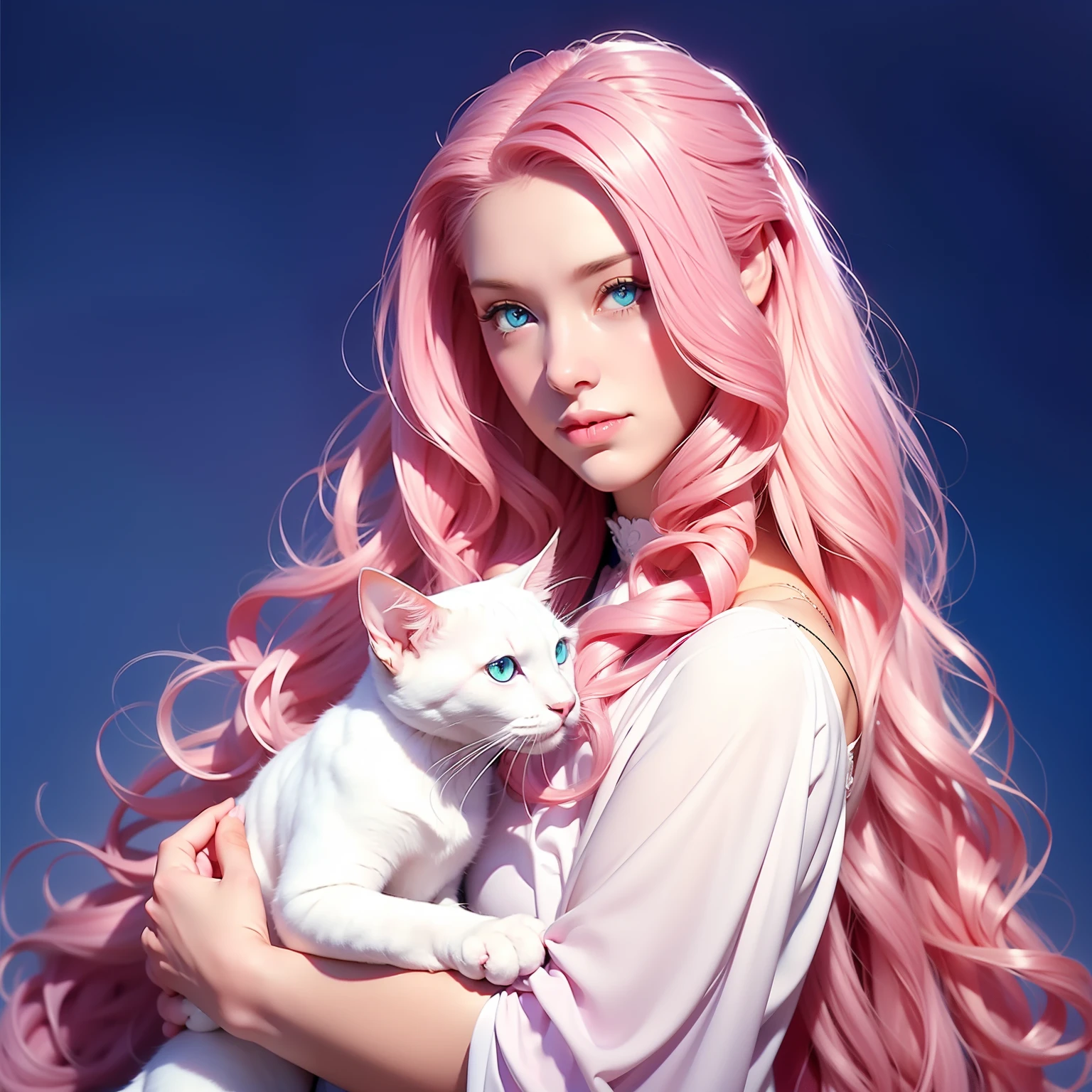 1 woman, long curly hair, pink hair, blue eyes, medieval background, (a cat at her side, White Cat, just a cat, pretty cat, small cat)