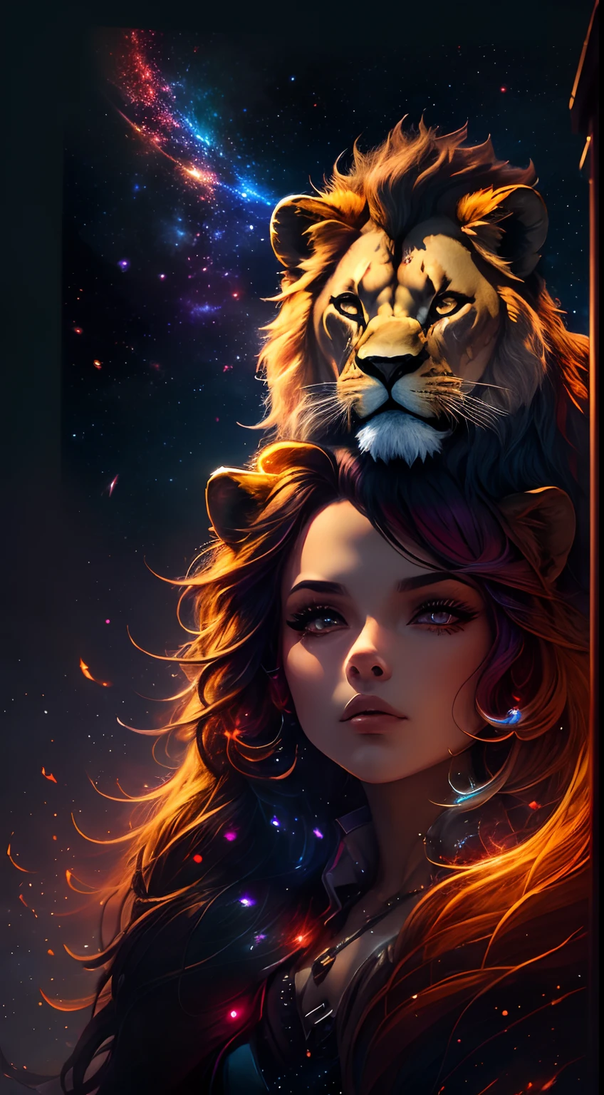 (master part, alta qualidade, Altas,illustration), 1girl, multicolored hair galaxy in New York playing with a lion at night with orange mist, CyberCity, Highly detailed lion face,