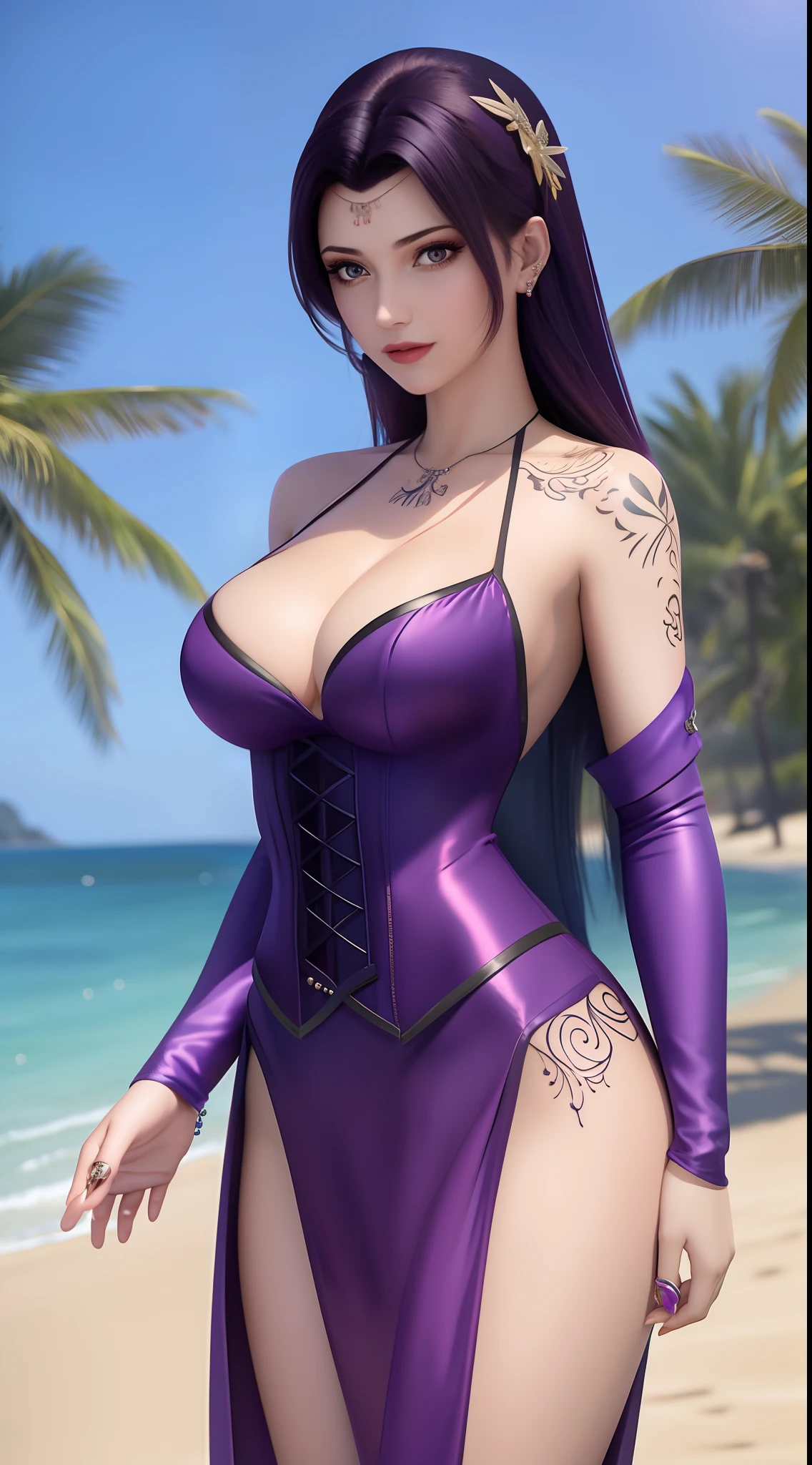 An animated woman posing in front of the beach in a very sexy purple dress and corset,Tattooed with