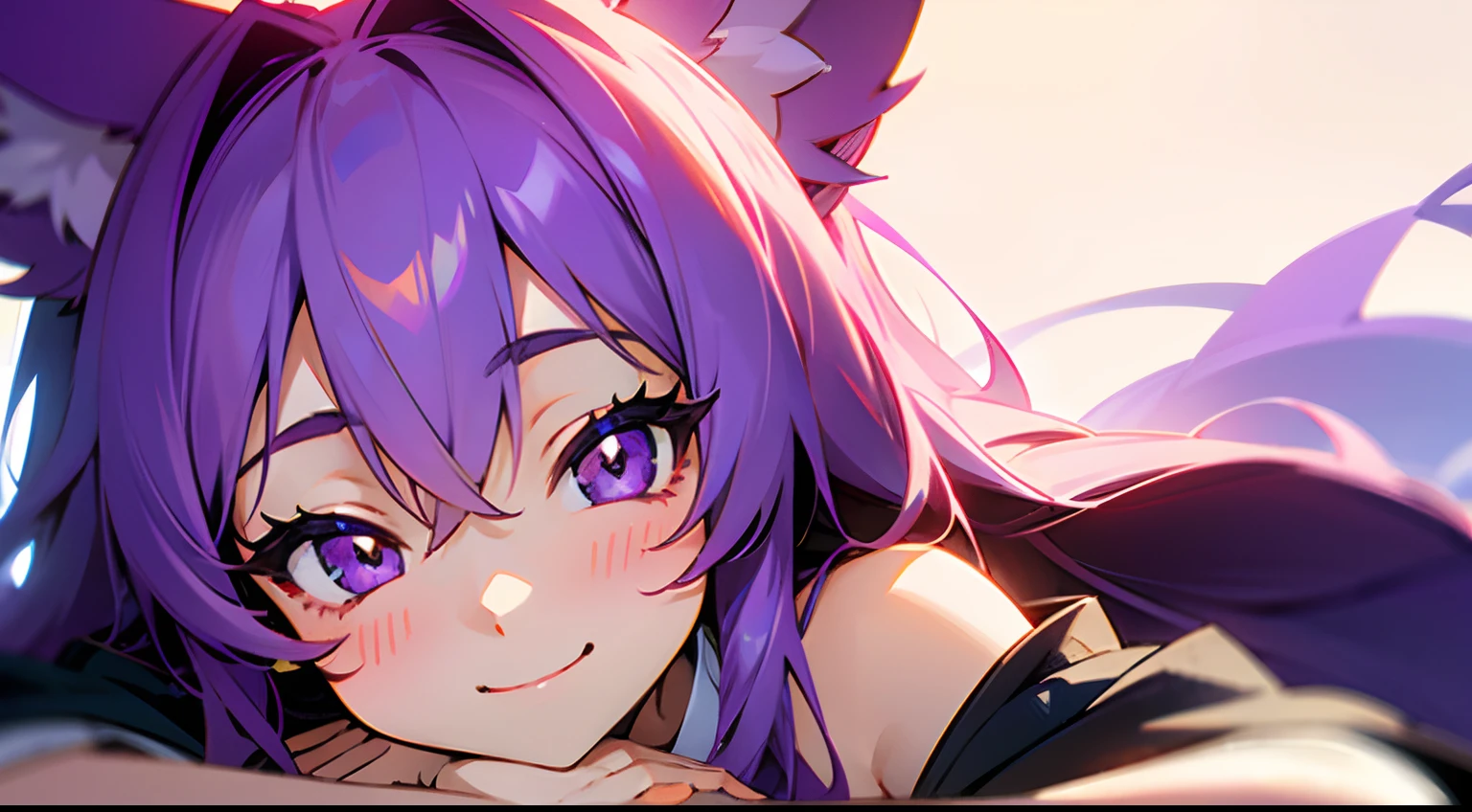 loneliness girl,Looking at the camera and smiling,Very cute,Fox ears,Smile,long hair,japanese,purple,close up face and shoulder