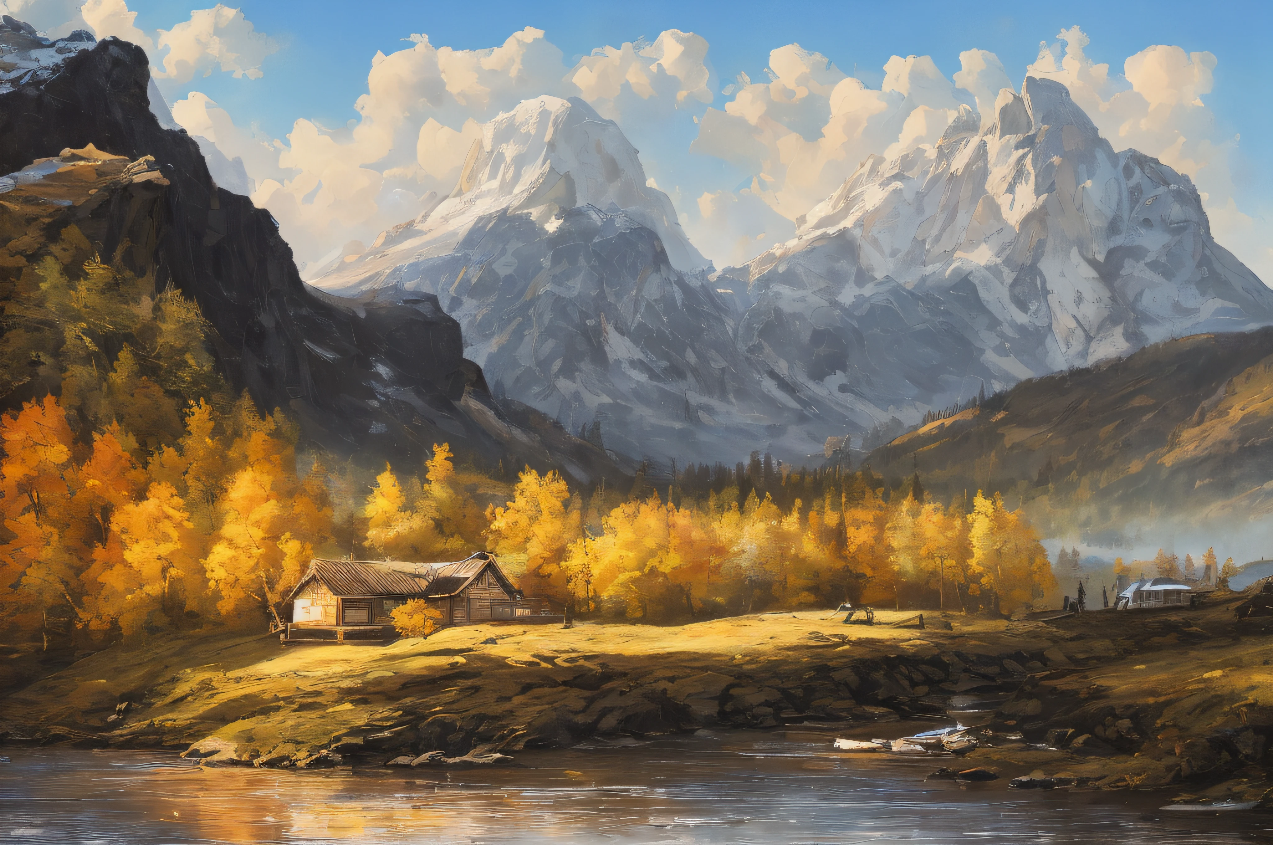 samdoesarts style. physical palette knife painting, thick Oil paint, stunning landscape, vast scale, soft colors, muted contrast, extremely detailed and intricate.
swedish sauna, mountains, view, God rays, sharp focus