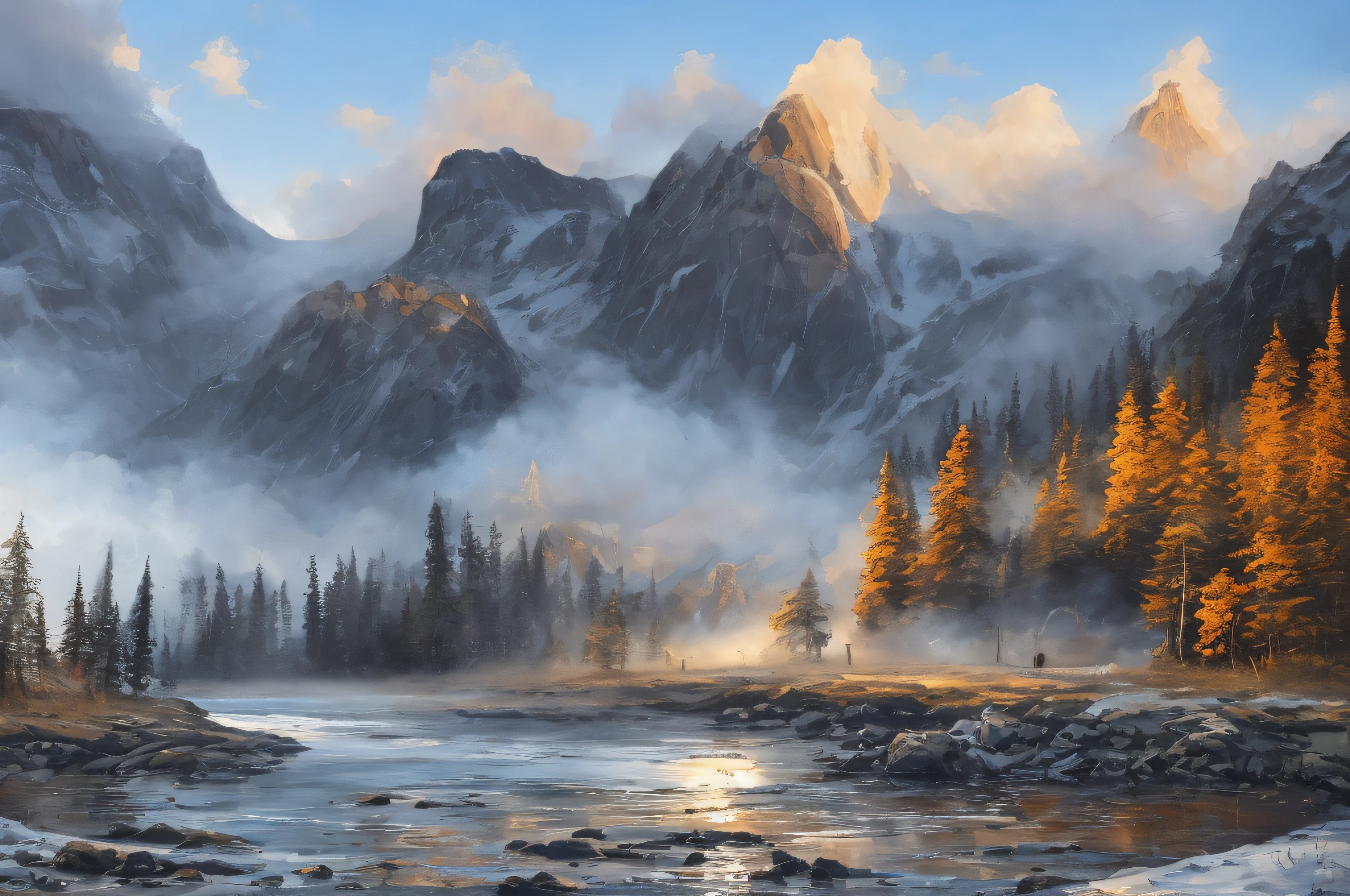 samdoesarts style. physical palette knife painting, thick Oil paint, stunning landscape, vast scale, soft colors, muted contrast, extremely detailed and intricate.
swedish sauna, mountains, view, God rays, sharp focus