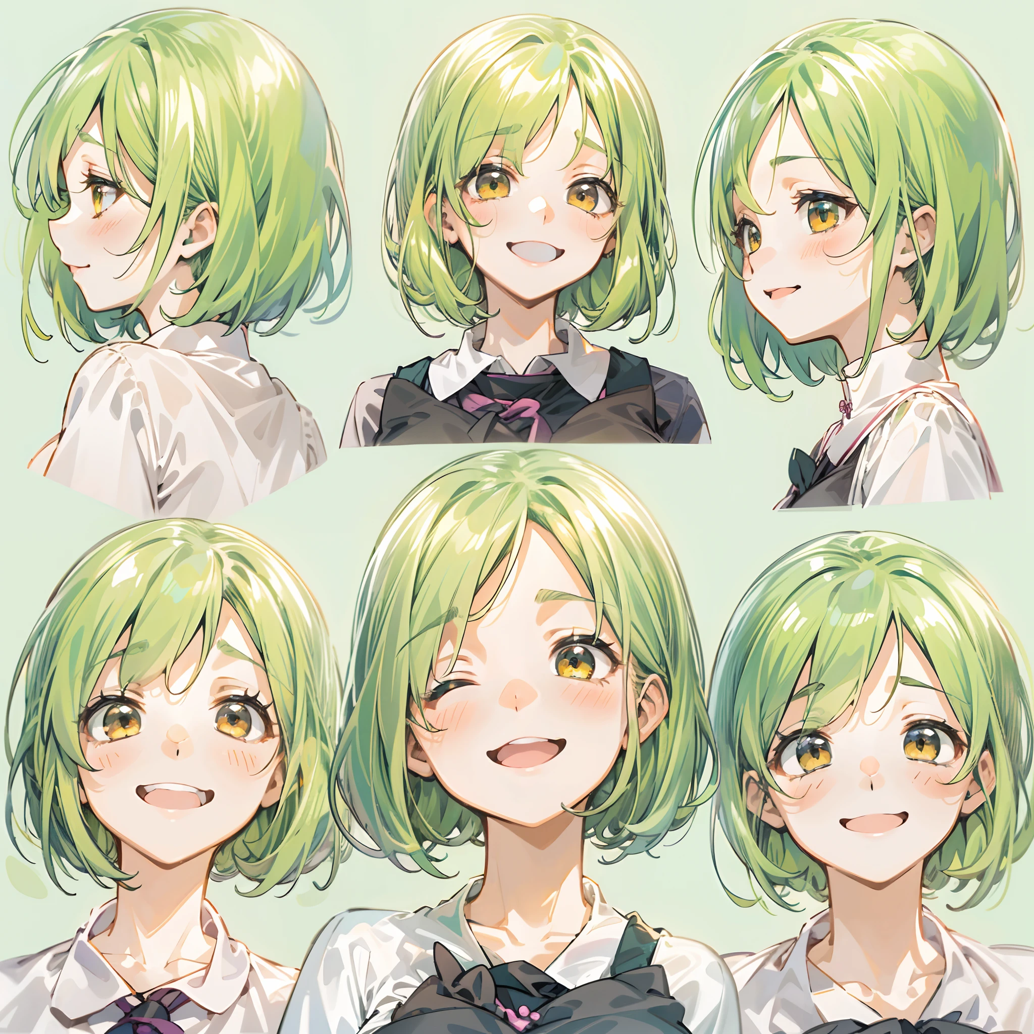 a beauty girl，Yellow-green hair，bobhair、short-hair、Gentle drooping eyes，large full breasts、校服，Manga style，fulcolor，hi-school girl，Calm and gentle face，Big smile、innocent smiles