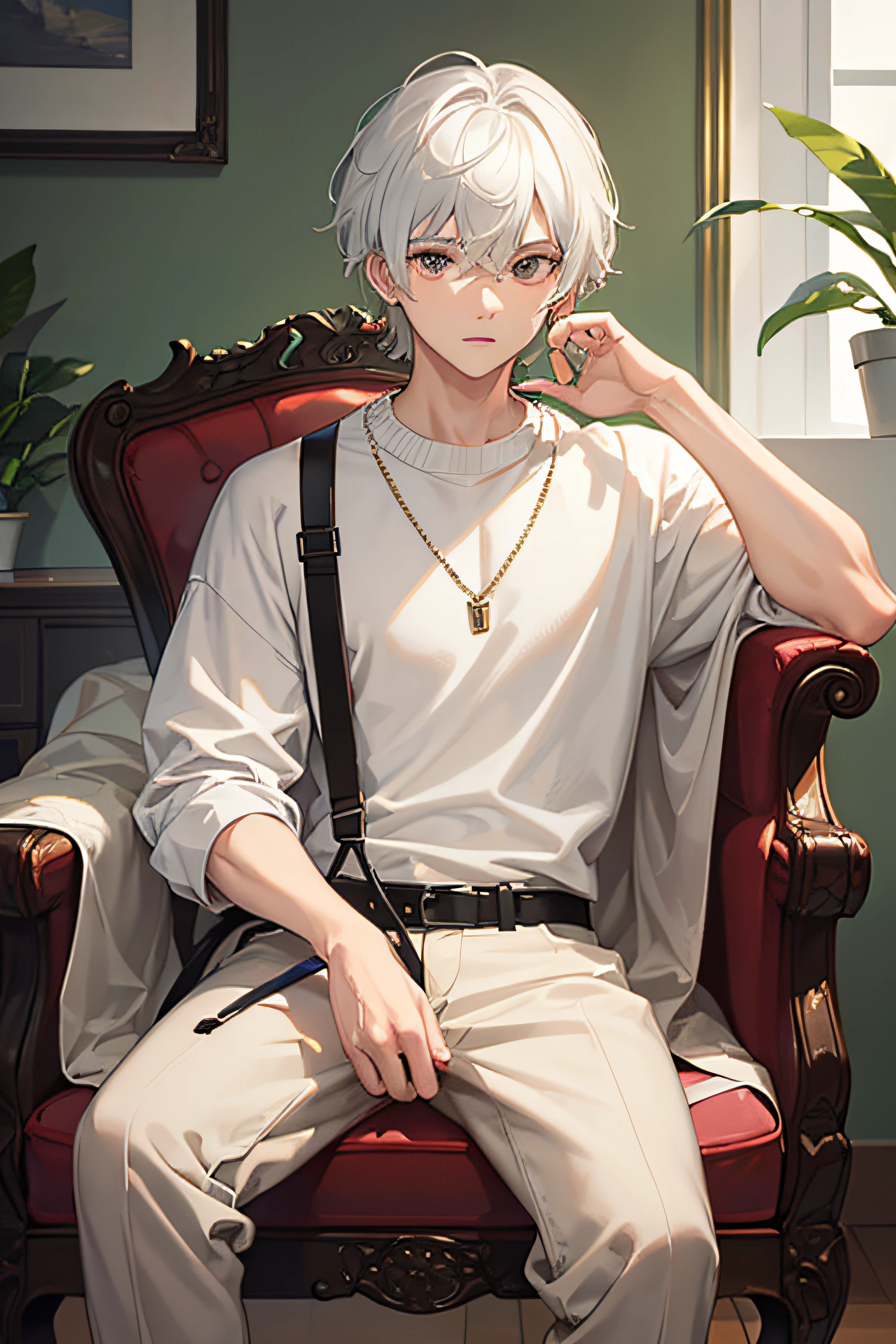 masterpiece, best quality, high quality, 1boy, solo, male focus, looking at viewer, upper body, wearing glass, white hair with mash cut hairstyles. dressing brown sweater. sit on chair.