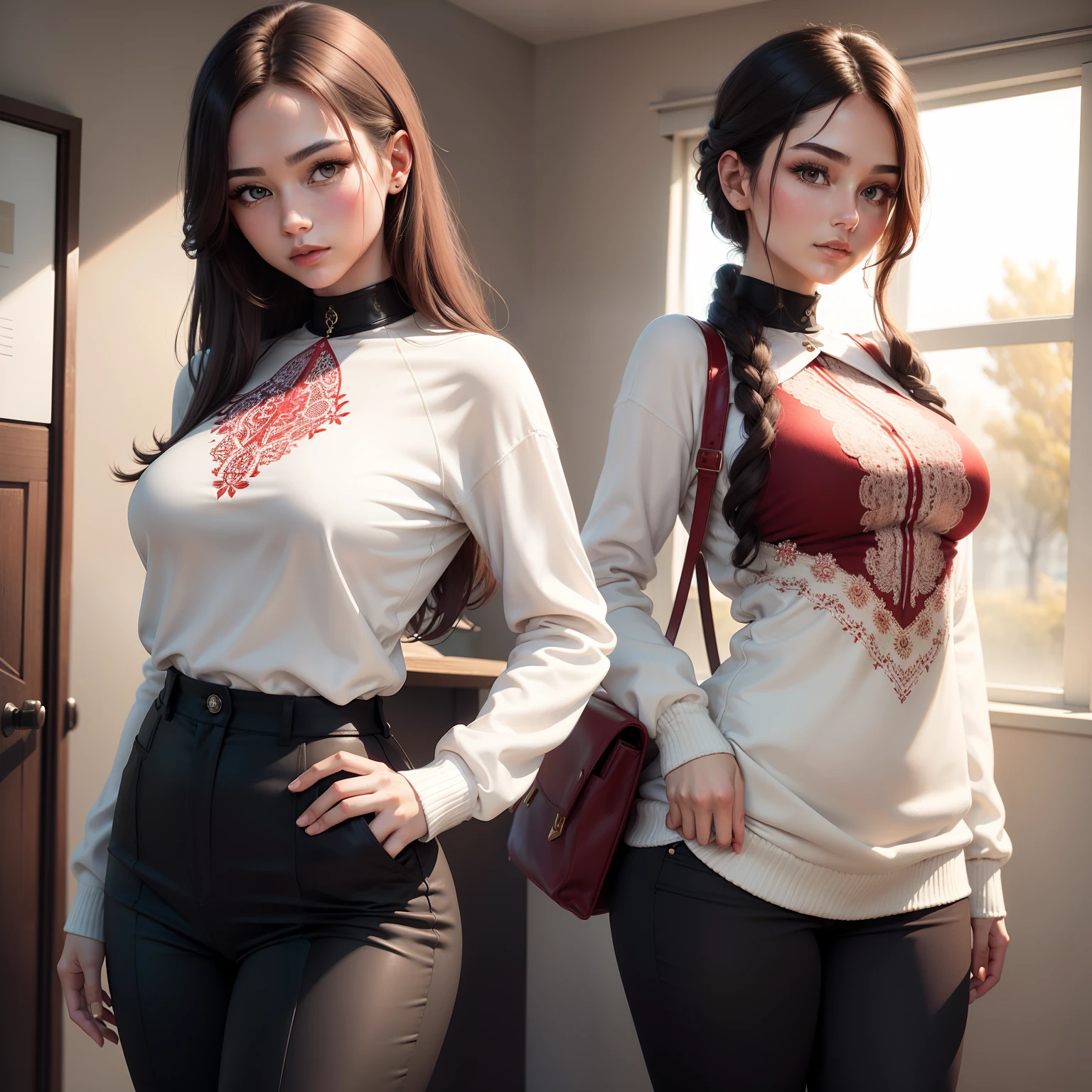 A beautiful young woman wearing a visible white shirt and a dark red pullover with detailed woven motifs. She is also wearing black pants through which we can see her underwear. We can see the collar of her white shirt. She stands in a sensual pose. Lots of details