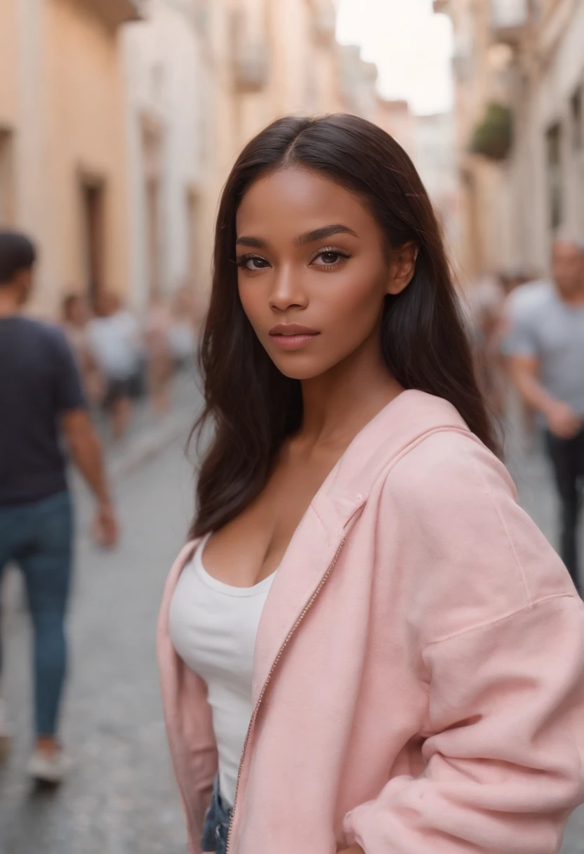 ultra realistic photo, full body, best quality, masterpiece, black woman inspired by Barbie, black skin, beautiful face, wearing jeans: 0.91 and black sweatshirt, realistic smooth skin, ultra realistic skin, pastel neon, night, dynamic lighting, on a street in Rio de Janeiro, (dynamic pose:1.10), (good composition:1.10), (subtle lighting:1.10), (Awarded:1.10), ((breathtaking:1.10:1.35)) , ( πrim-work :1.10), (highly detailed skin:1.2), (filmic grain:0.04), particle effects, __Camera capture_Models/sigma__, NEWS TYPE, speed lines, (perfect handsome young face:1.10) , (Pink :1.10)