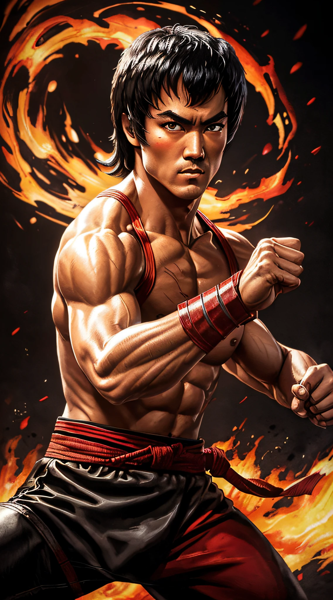 actor ((Bruce Lee)) as Liu Kang, Mortal Kombat, (red headband), black pants with red stripes, fire on background, intricate, high detail, sharp focus, dramatic, photorealistic painting art by greg rutkowski