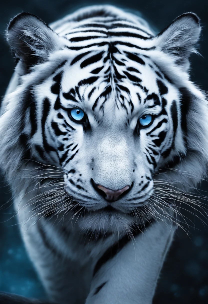 （Legendary artwork），（Running white tiger）King's Wind，Domineering and exposed，Blue-black body，Fluorescence，rendering by octane：1.5，in a cloud，Faraway view，Ultra-clear image quality，No characters，（Cloud effects：1.5），（Lightning effects：1.5），（Water vapor effect：1.5），super detailing，8K，official works