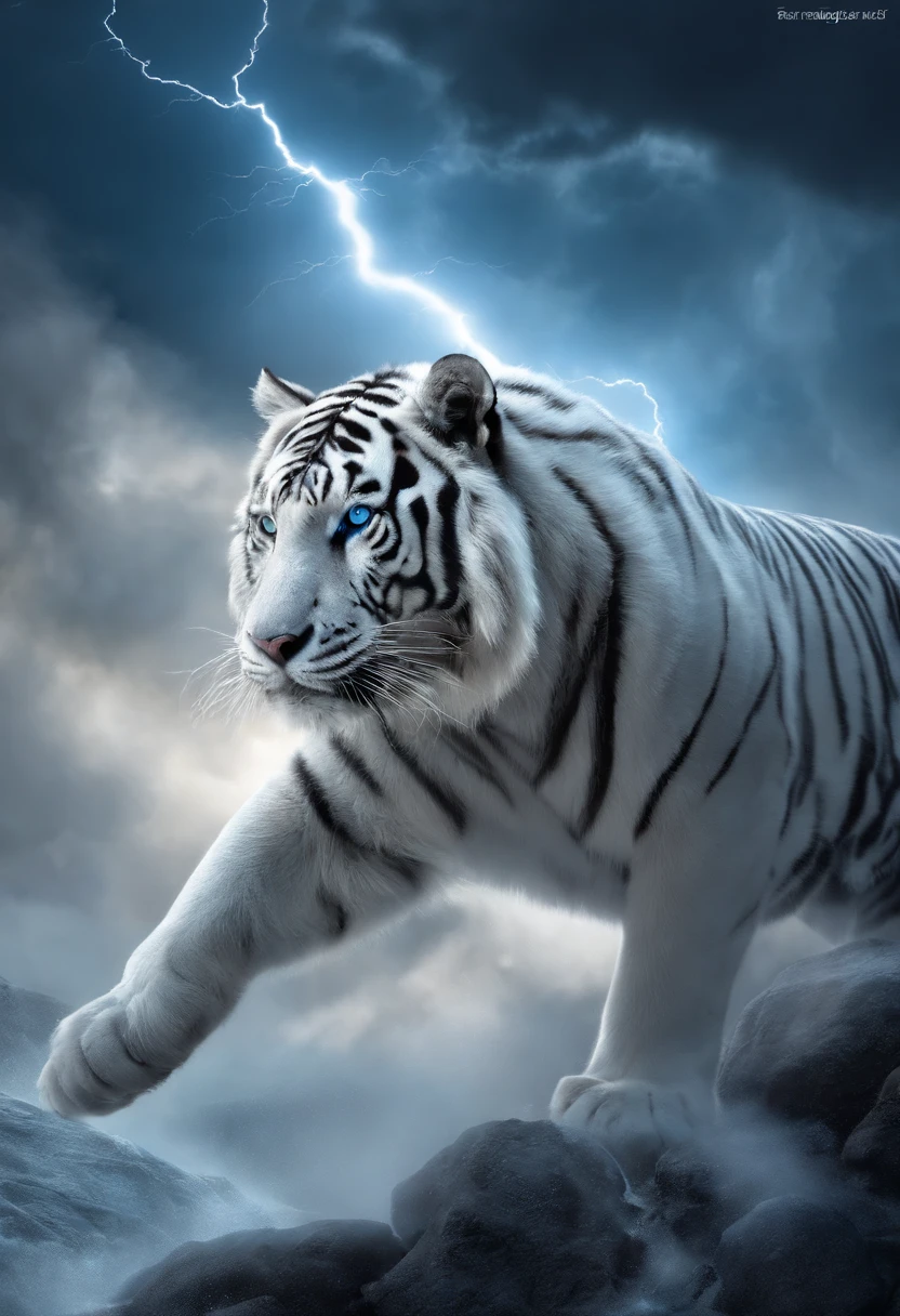 (Legendary artwork),(Running white tiger)King's Wind,Domineering and exposed,Blue-black body,Fluorescence,rendering by octane:1.5,in a cloud,Faraway view,Ultra-clear image quality,No characters,(Cloud effects:1.5),(Lightning effects:1.5),(Water vapor effect:1.5),super detailing,8K,official works
