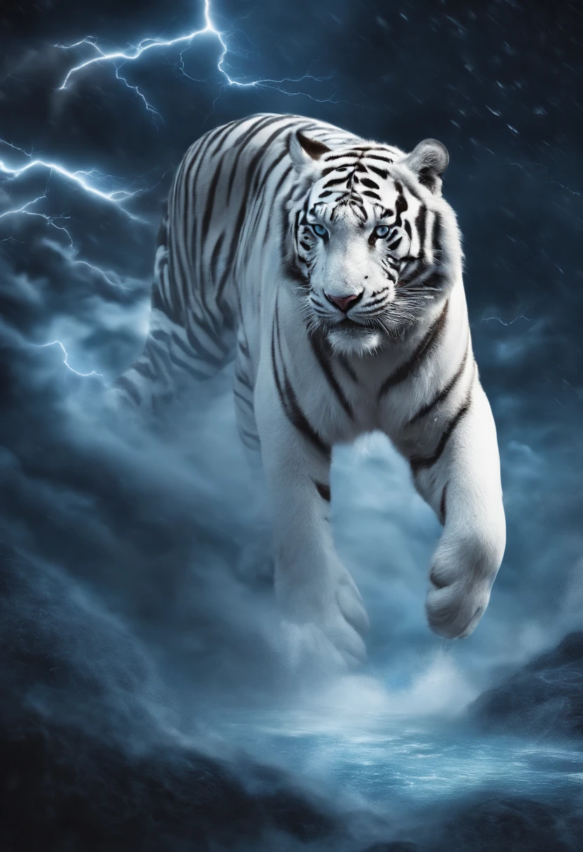 （Legendary artwork），（Running white tiger）King's Wind，Domineering and exposed，Blue-black body，Fluorescence，rendering by octane：1.5，in a cloud，Faraway view，Ultra-clear image quality，No characters，（Cloud effects：1.5），（Lightning effects：1.5），（Water vapor effect：1.5），super detailing，8K，official works