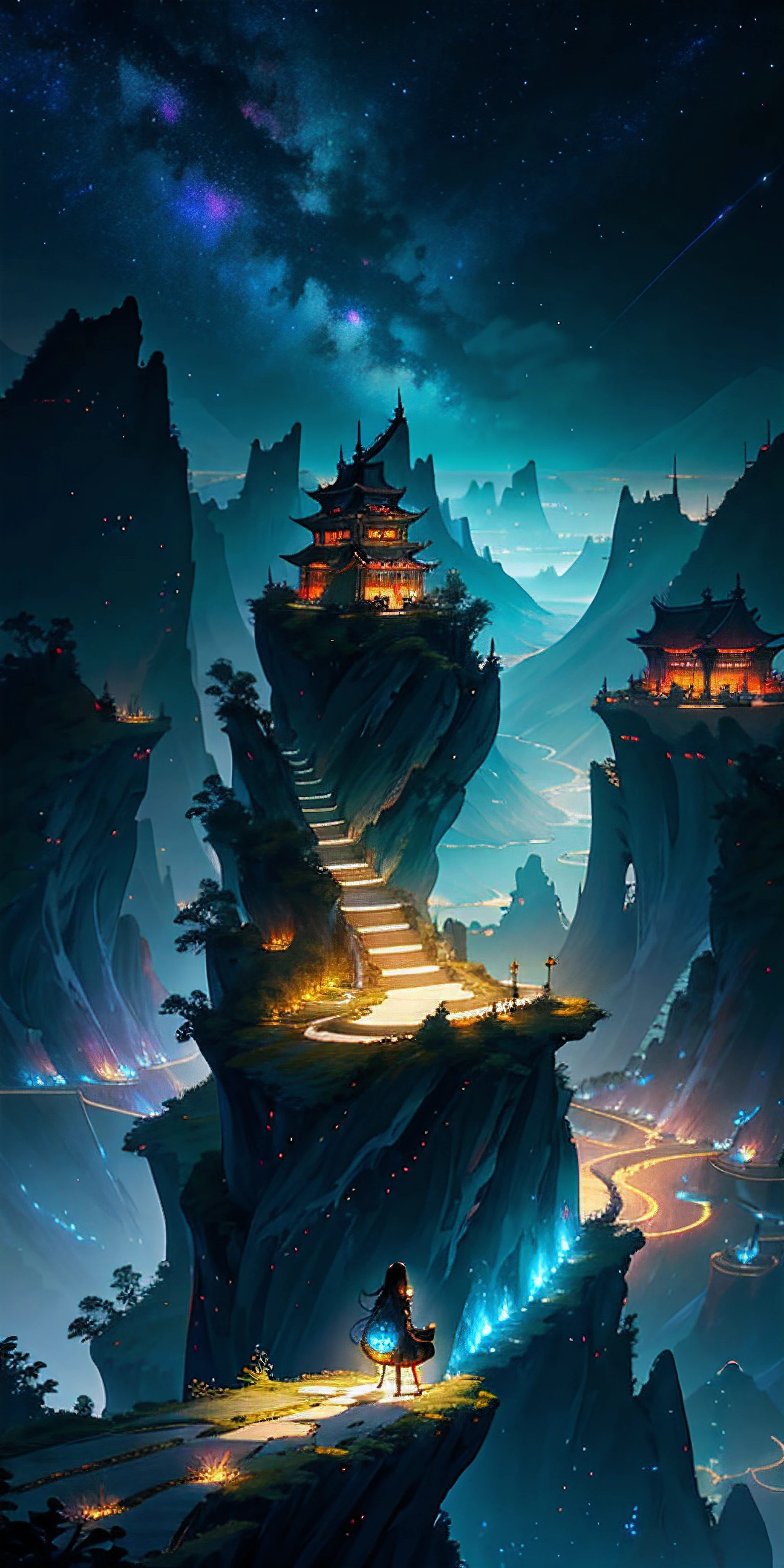 sky, star (sky), scenery, starry sky, night, 1girl, night sky, solo, outdoors, cloud, moon, sitting, long hair, winner of cg society competition, fantasy art, Chinese landscape, Chinese fantasy, Chinese ink style, pin ancient city view, order Impressive fantasy landscape, most epic landscape, avatar landscape, chinese village beside a lake