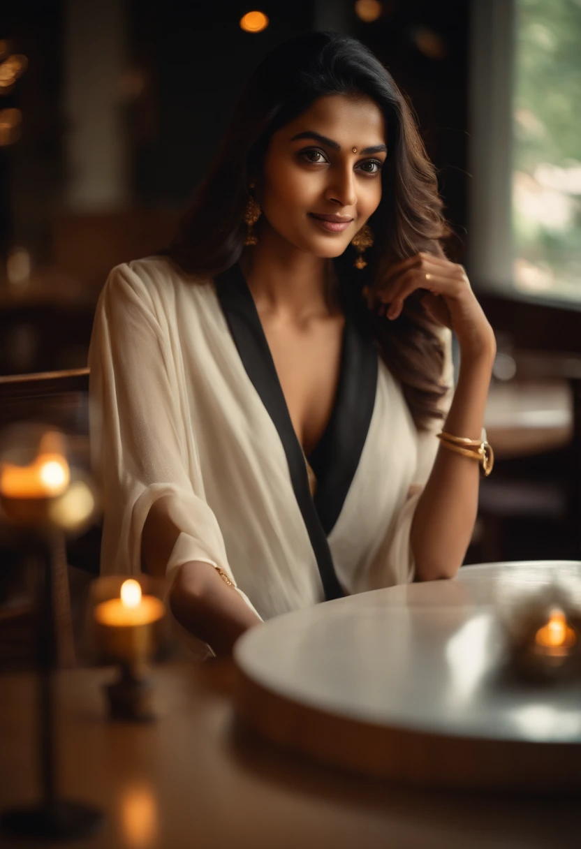 Indian woman sitting at a table in a restaurant with a glass of wine, gorgeous young Indian woman, beautiful young Indian woman, beautiful south indian woman, indian girl, beautiful korean girl, female from india, in white clothes, cute indian, with long hair, deepika